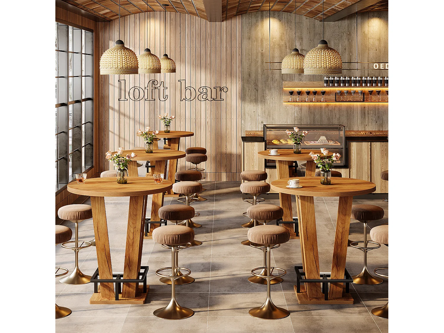 Table de bar ronde, table haute de 100 cm de haut, style bistro, avec repose-pieds en métal, idéale pour les petits espaces et les salons, couleur marron