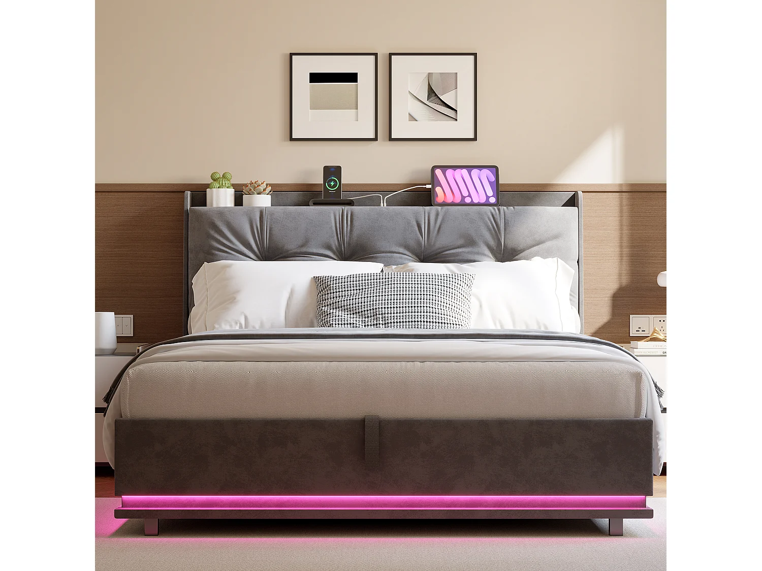 Lit Coffre 160x200cm avec Sommier- Lumières LED et USB Type-C Cadre de Lit- Tete de Lit capitonné en Velours- pour Adulte- Gris