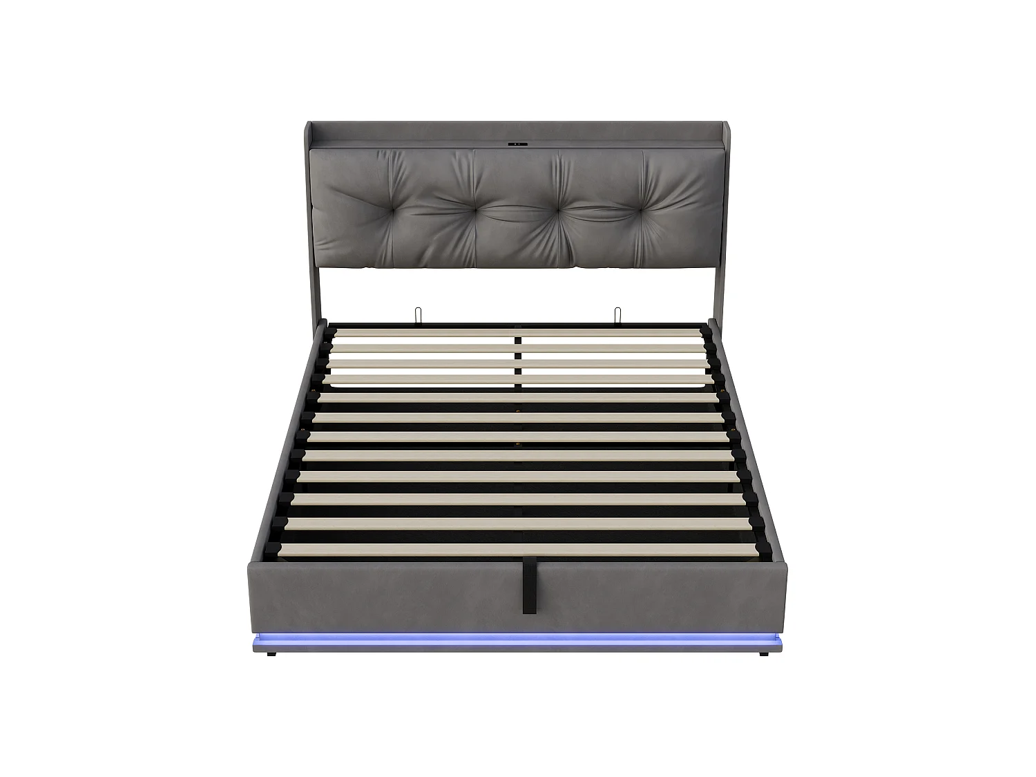 Lit Coffre 160x200cm avec Sommier- Lumières LED et USB Type-C Cadre de Lit- Tete de Lit capitonné en Velours- pour Adulte- Gris