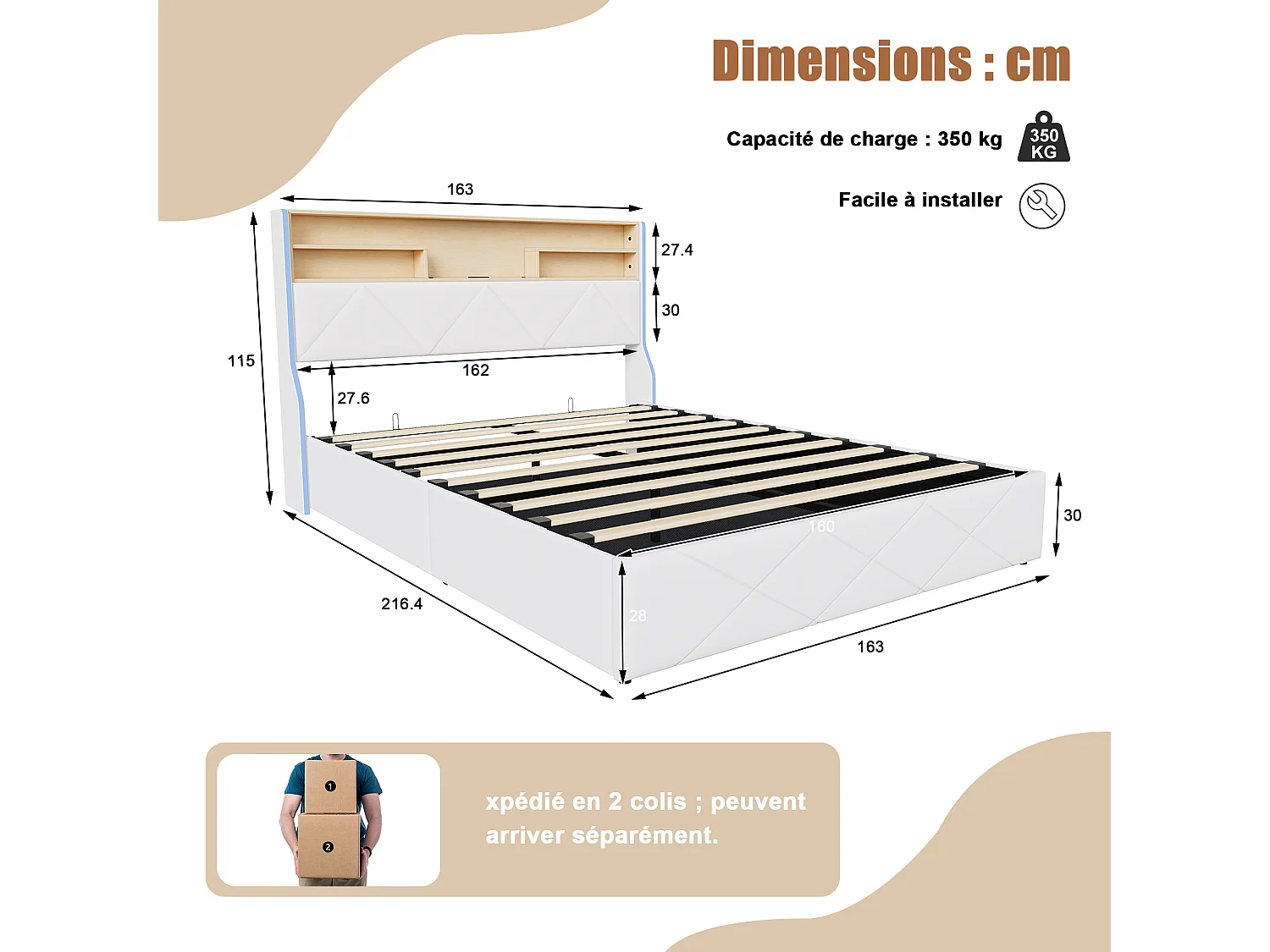 Lit coffre 160x200 cm beige avec tête de lit rembourrée, lit double avec grand rangement, LED intégrée et ports USB, sommier relevable