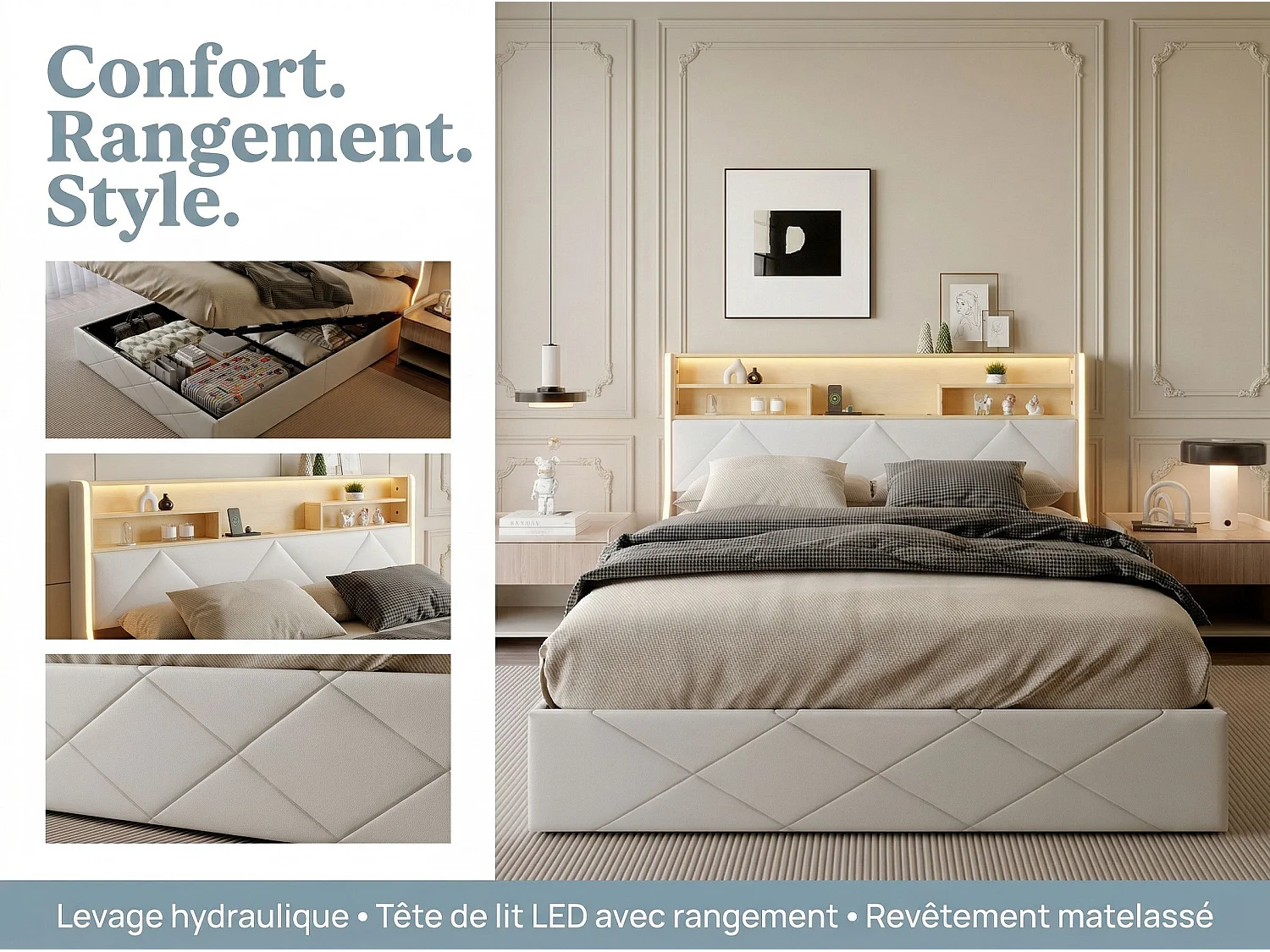 Lit coffre 160x200 cm beige avec tête de lit rembourrée, lit double avec grand rangement, LED intégrée et ports USB, sommier relevable