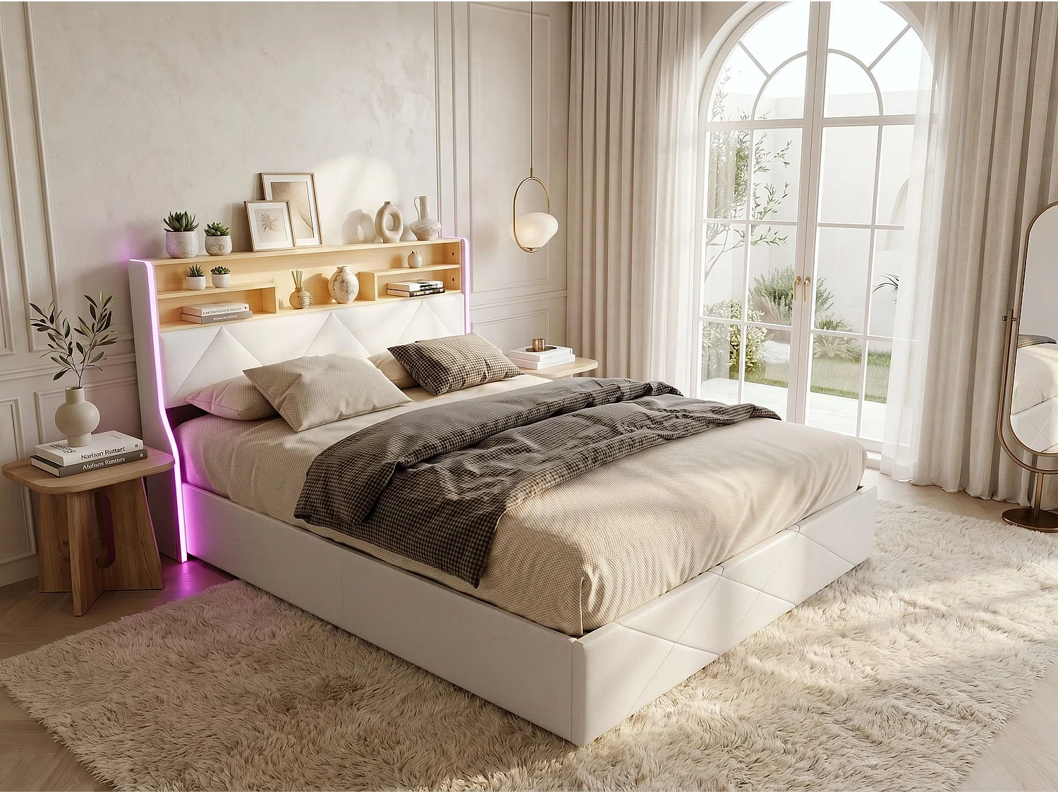 Lit coffre 160x200 cm beige avec tête de lit rembourrée, lit double avec grand rangement, LED intégrée et ports USB, sommier relevable