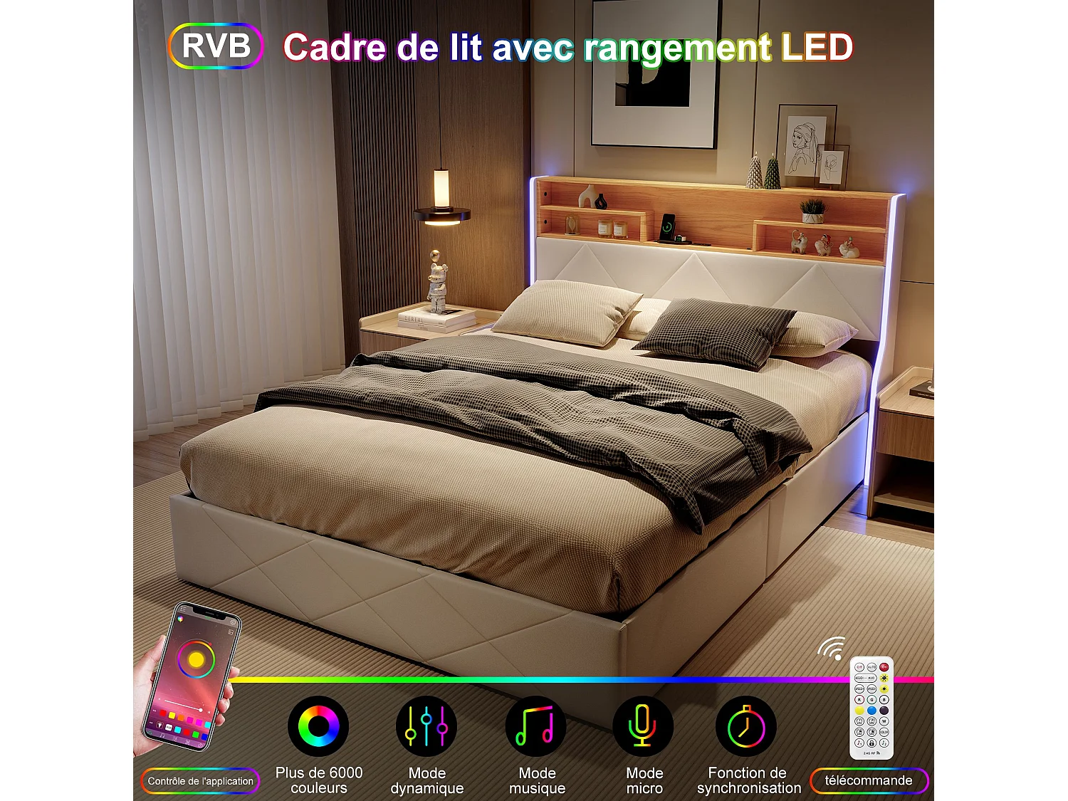 Lit coffre 160x200 cm beige avec tête de lit rembourrée, lit double avec grand rangement, LED intégrée et ports USB, sommier relevable