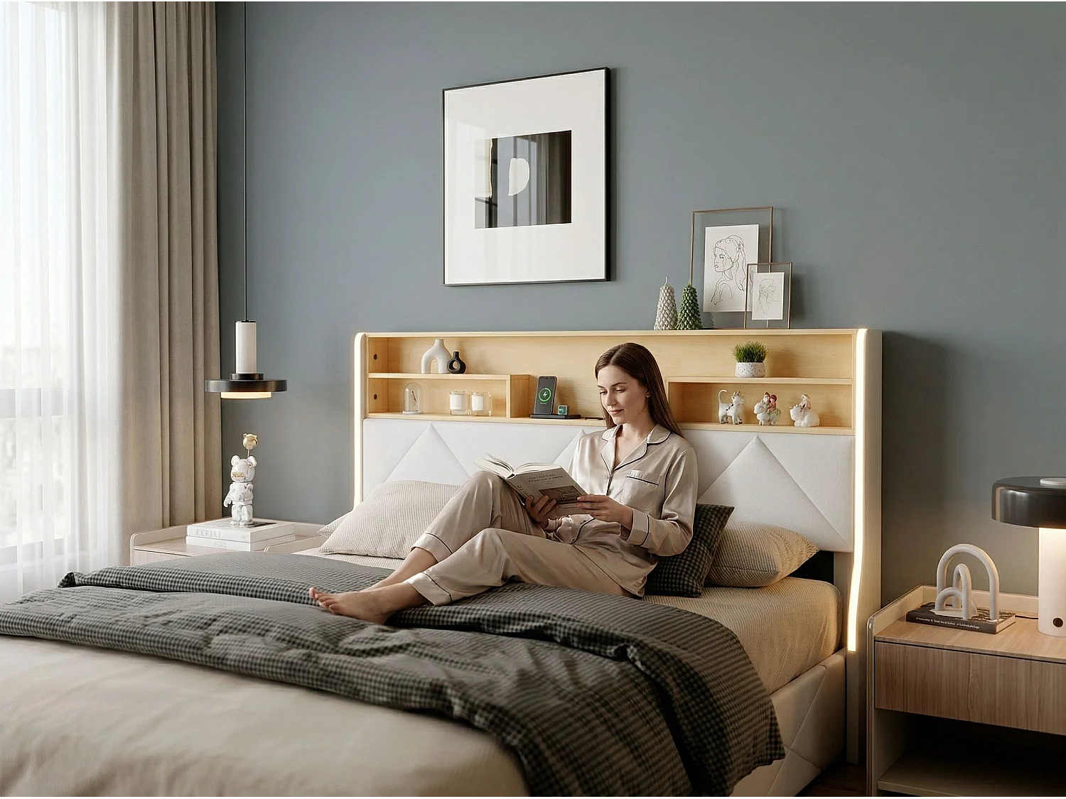 Lit coffre 160x200 cm beige avec tête de lit rembourrée, lit double avec grand rangement, LED intégrée et ports USB, sommier relevable