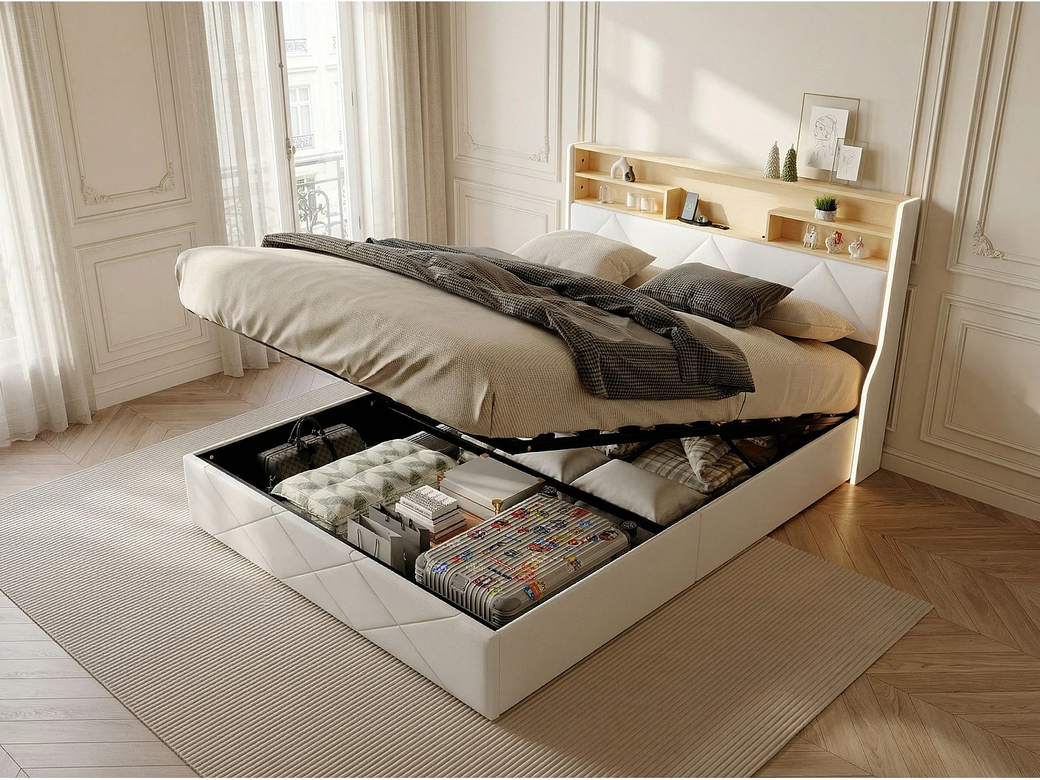 Lit coffre 160x200 cm beige avec tête de lit rembourrée, lit double avec grand rangement, LED intégrée et ports USB, sommier relevable