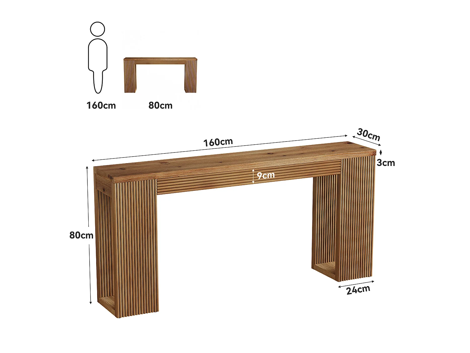 Console en bois massif, table d'entrée de style campagnard de 160 cm de long avec pieds cannelés