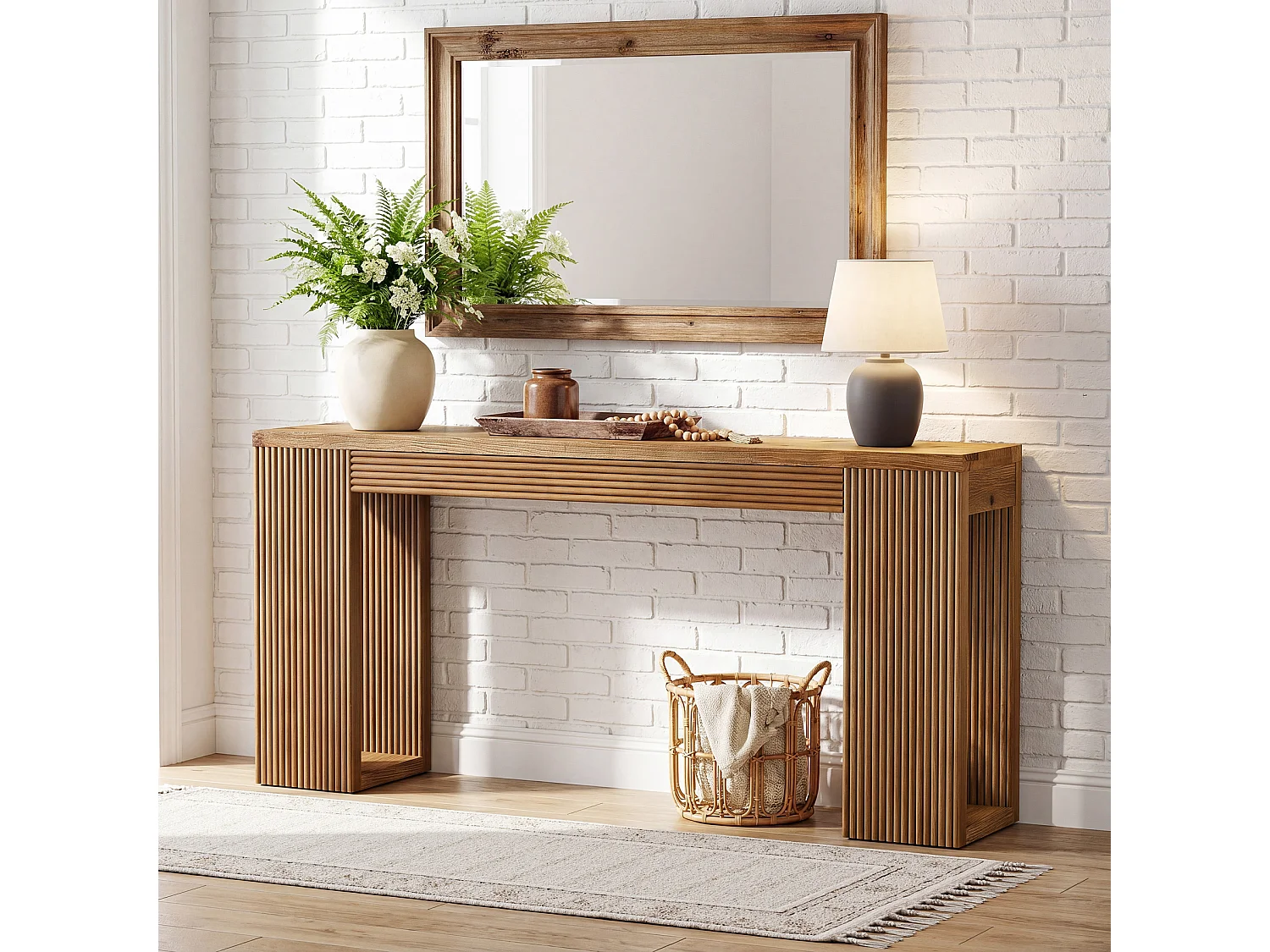Console en bois massif, table d'entrée de style campagnard de 160 cm de long avec pieds cannelés
