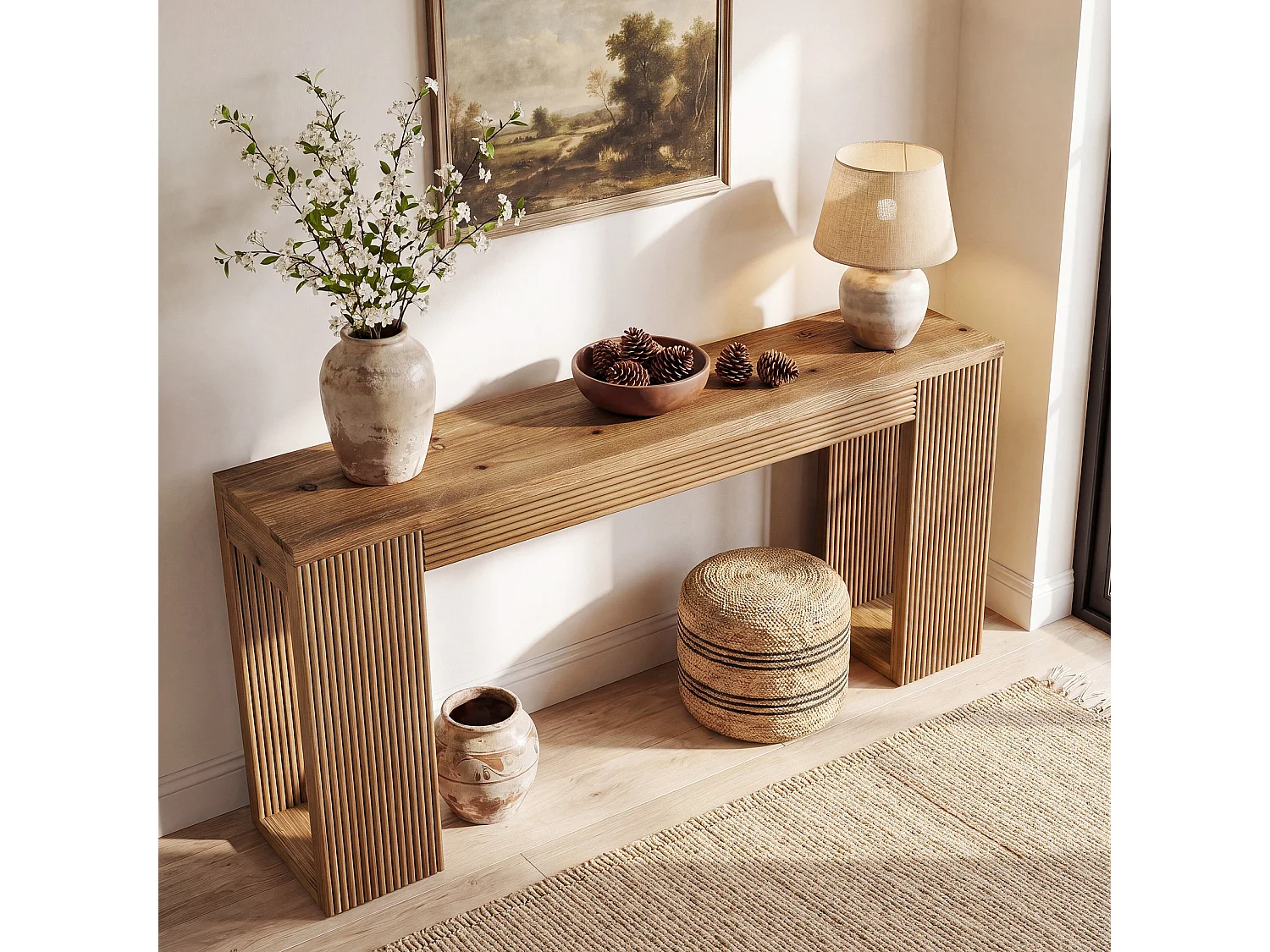 Console en bois massif, table d'entrée de style campagnard de 160 cm de long avec pieds cannelés