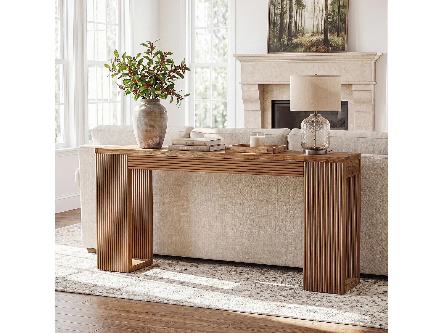 Console en bois massif, table d'entrée de style campagnard de 160 cm de long avec pieds cannelés