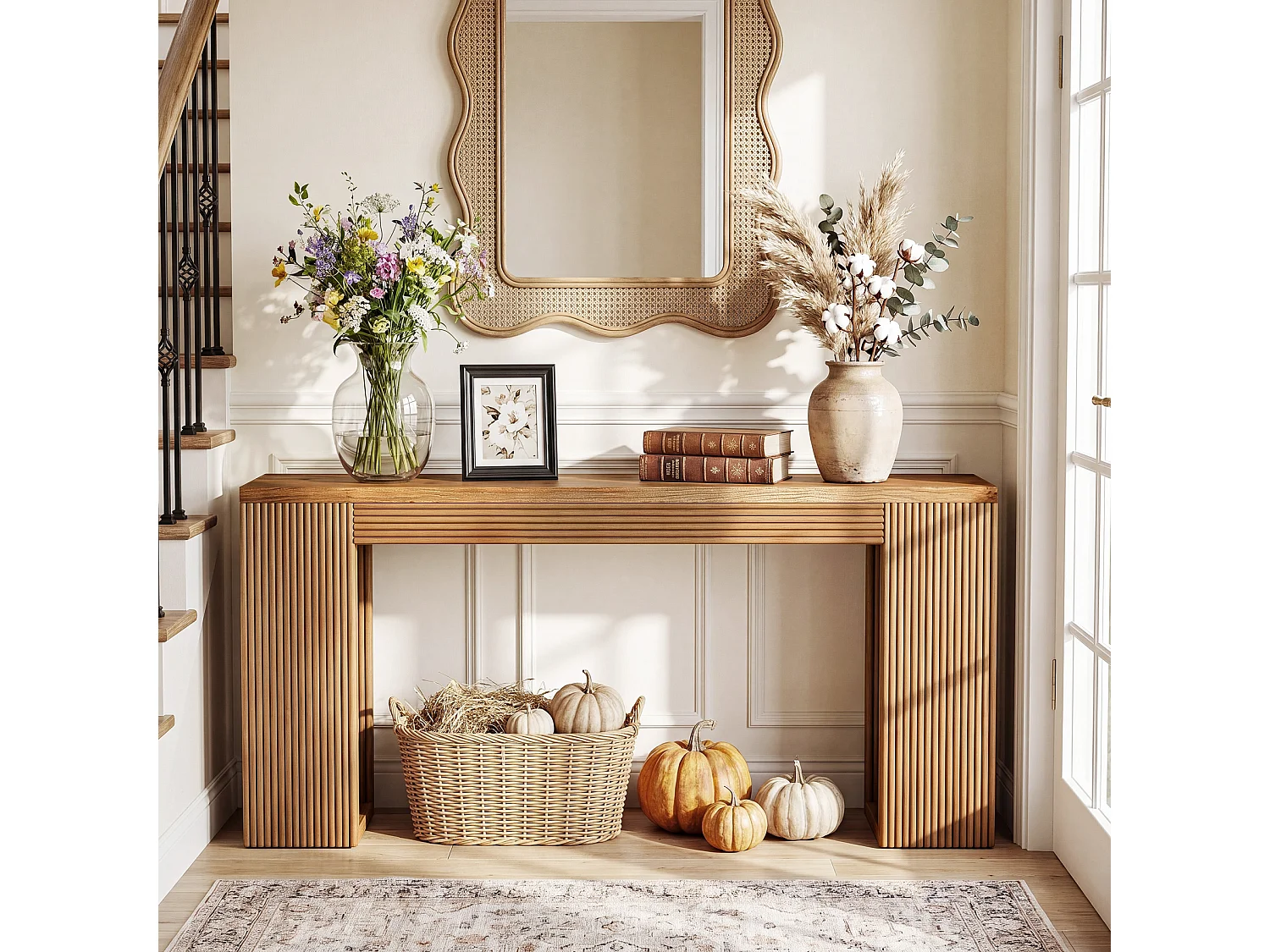 Console en bois massif, table d'entrée de style campagnard de 160 cm de long avec pieds cannelés