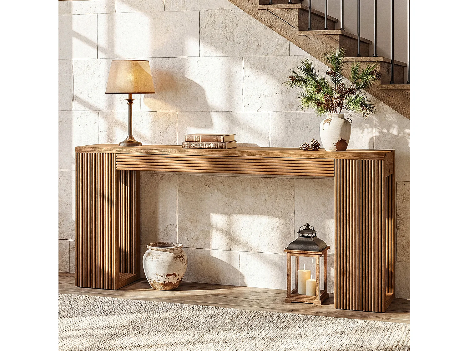 Console en bois massif, table d'entrée de style campagnard de 160 cm de long avec pieds cannelés