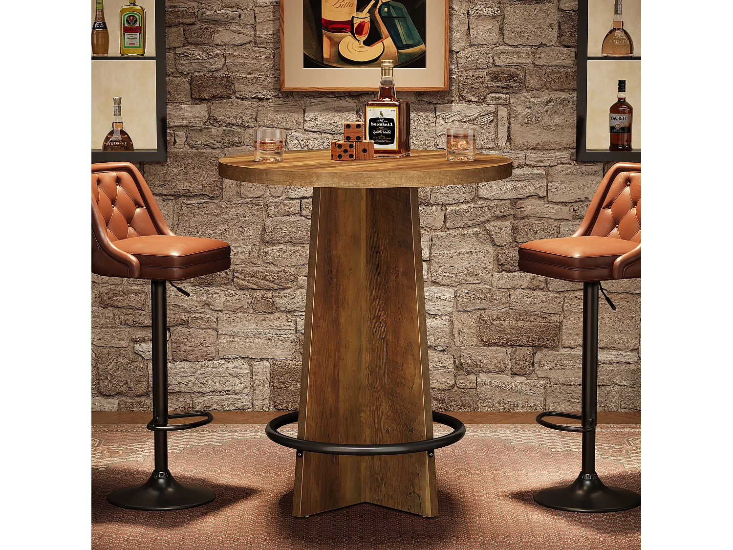Table de bar ronde de 95 cm de haut, en bois, style bistrot/pub, avec piètement et repose-pieds annulaire en métal
