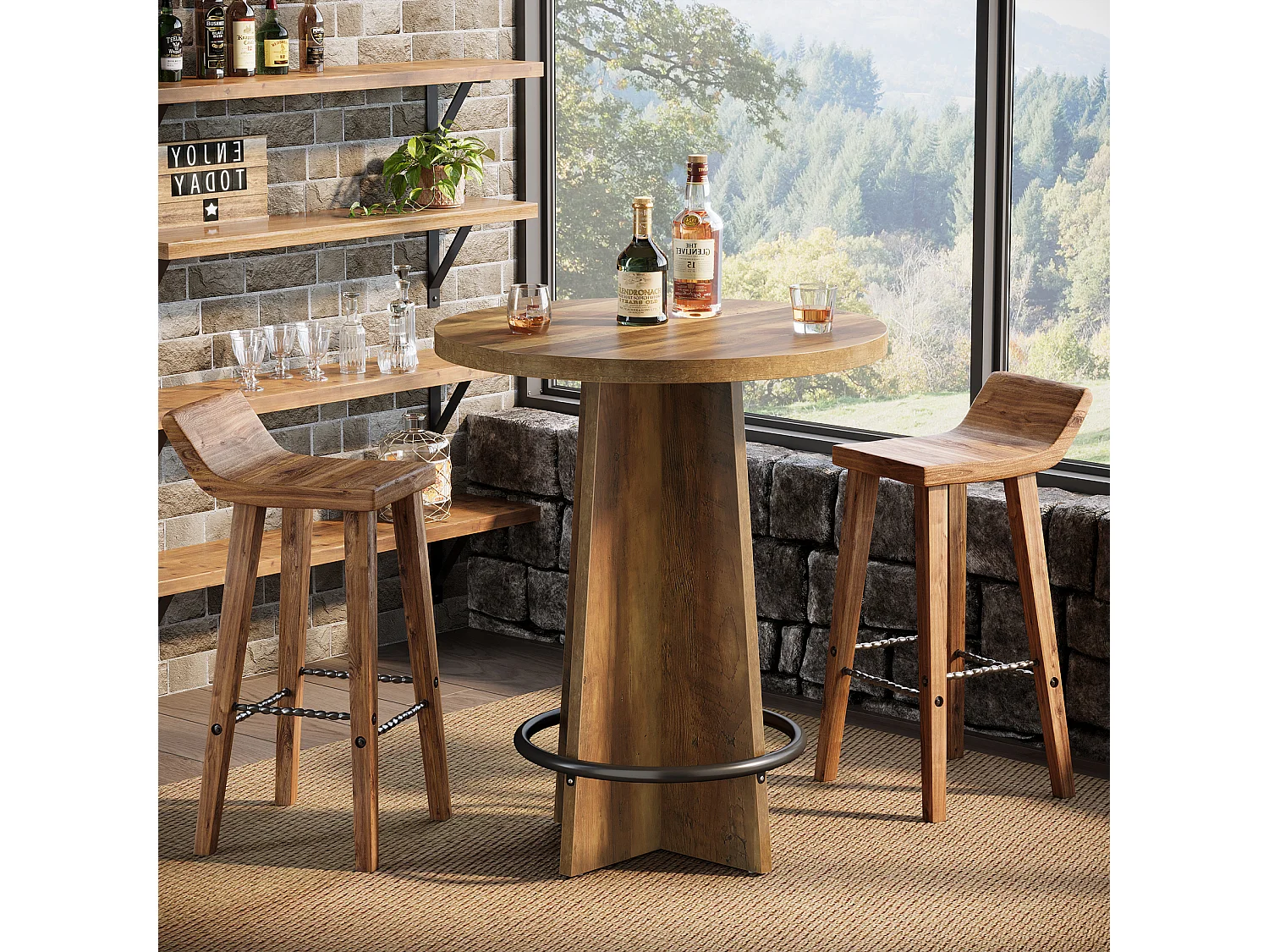 Table de bar ronde de 95 cm de haut, en bois, style bistrot/pub, avec piètement et repose-pieds annulaire en métal