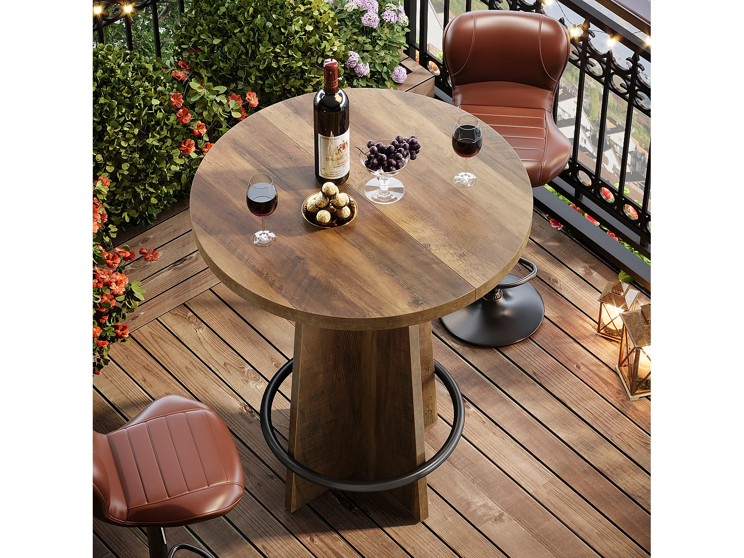 Table de bar ronde de 95 cm de haut, en bois, style bistrot/pub, avec piètement et repose-pieds annulaire en métal