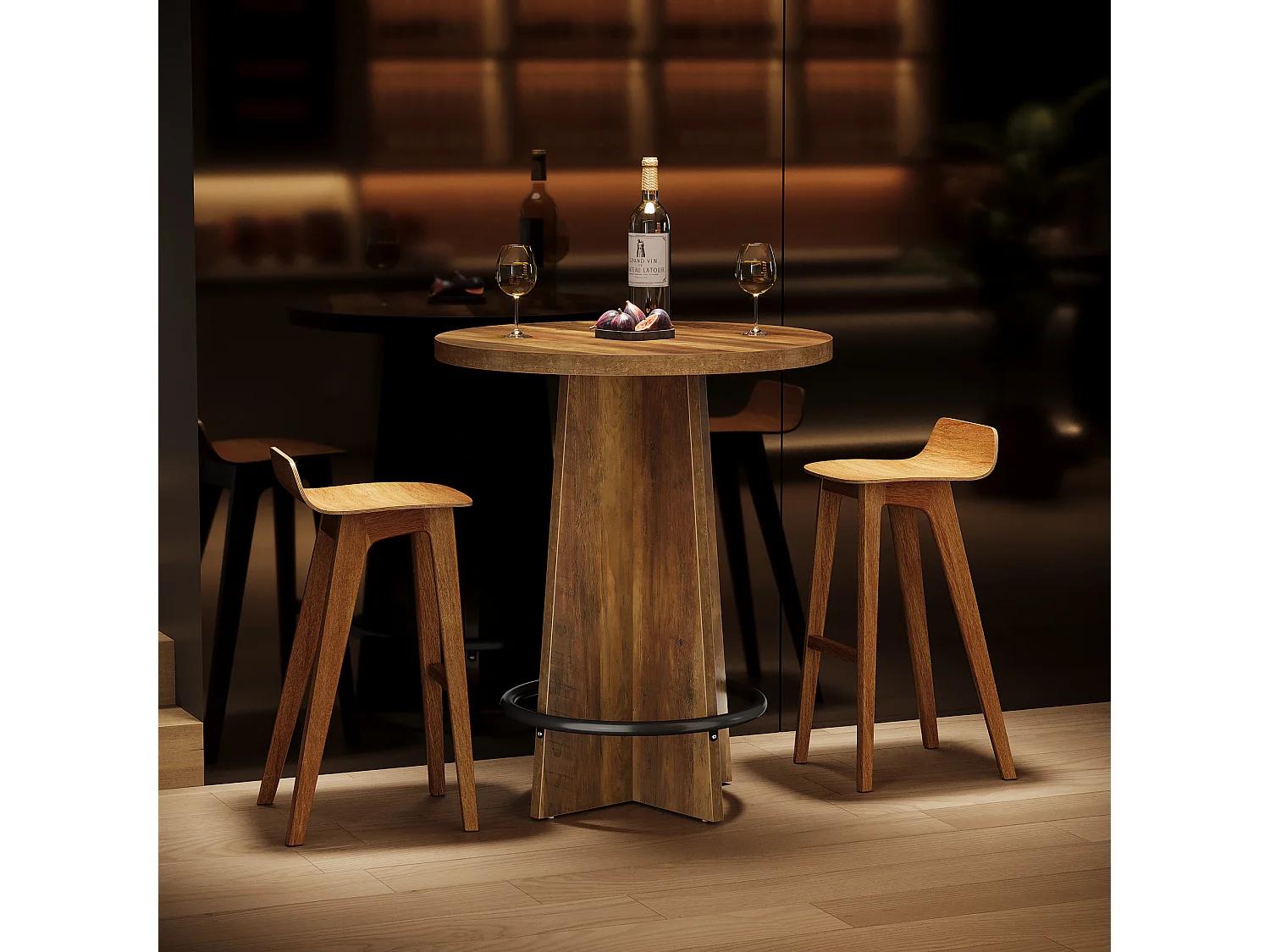 Table de bar ronde de 95 cm de haut, en bois, style bistrot/pub, avec piètement et repose-pieds annulaire en métal