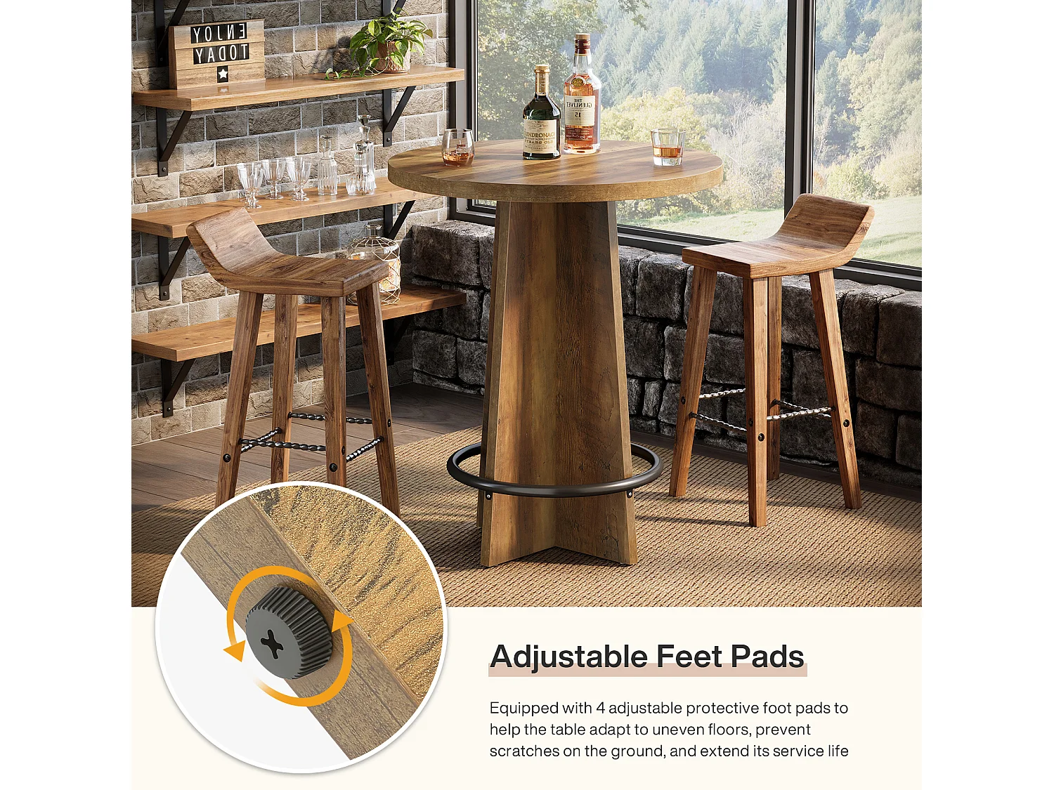 Table de bar ronde de 95 cm de haut, en bois, style bistrot/pub, avec piètement et repose-pieds annulaire en métal