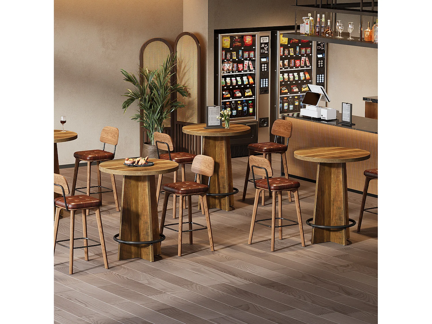 Table de bar ronde de 95 cm de haut, en bois, style bistrot/pub, avec piètement et repose-pieds annulaire en métal