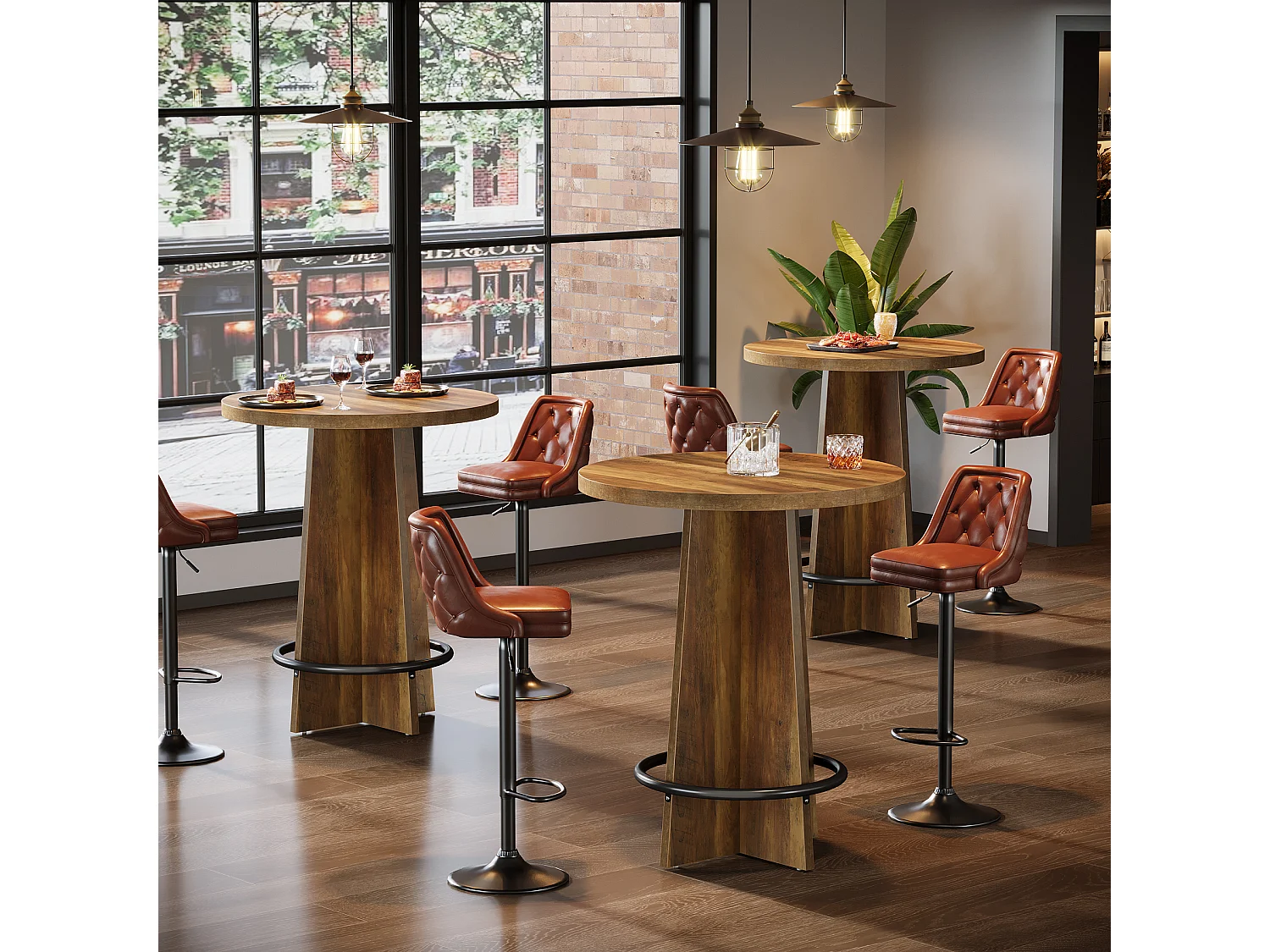 Table de bar ronde de 95 cm de haut, en bois, style bistrot/pub, avec piètement et repose-pieds annulaire en métal