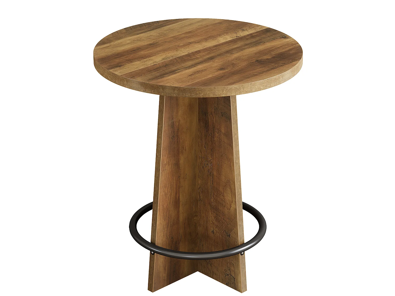 Table de bar ronde de 95 cm de haut, en bois, style bistrot/pub, avec piètement et repose-pieds annulaire en métal