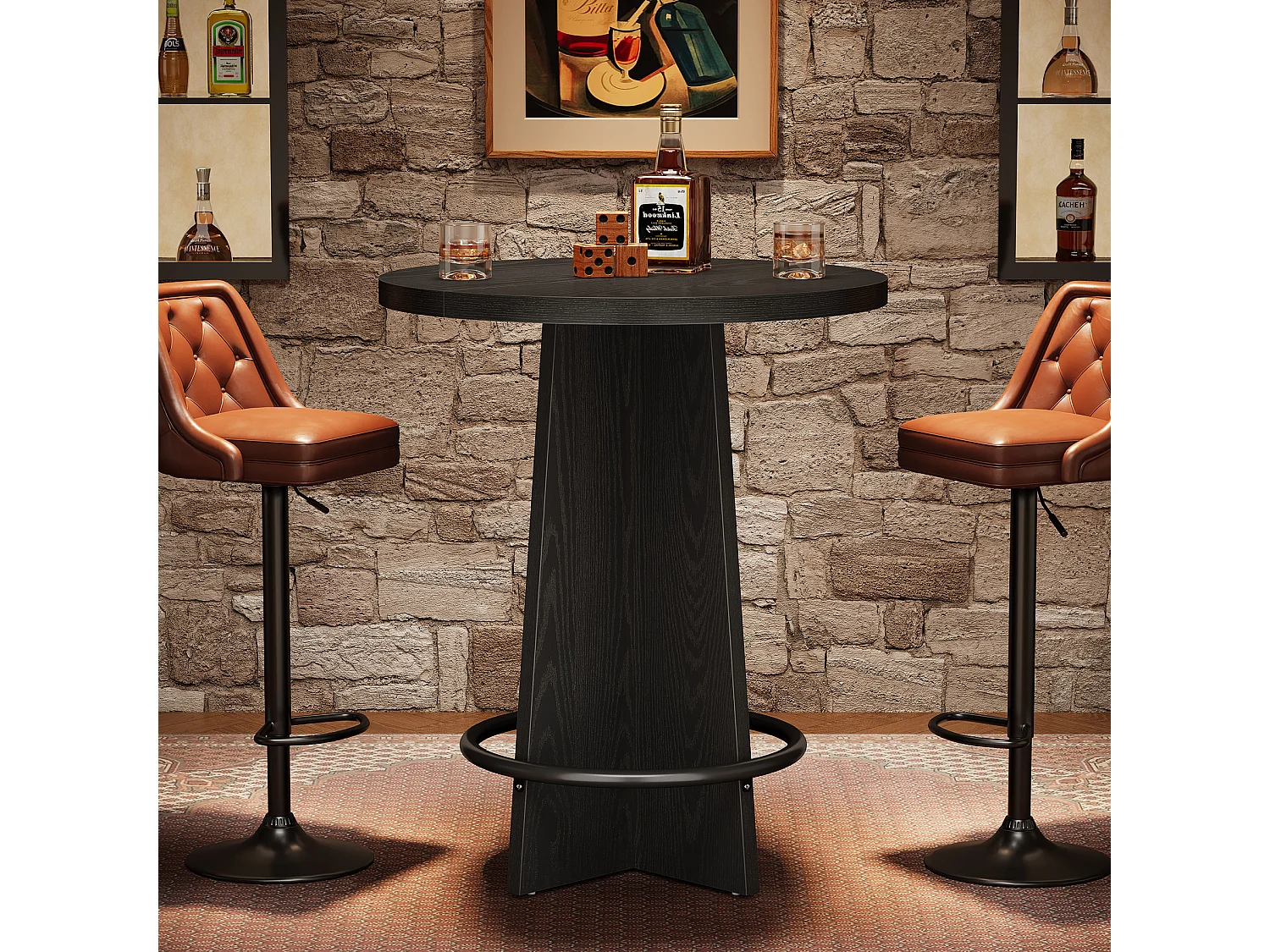 Table de bar ronde de 95 cm de haut, en bois, style bistrot/pub, avec piètement et repose-pieds annulaire en métal, noire