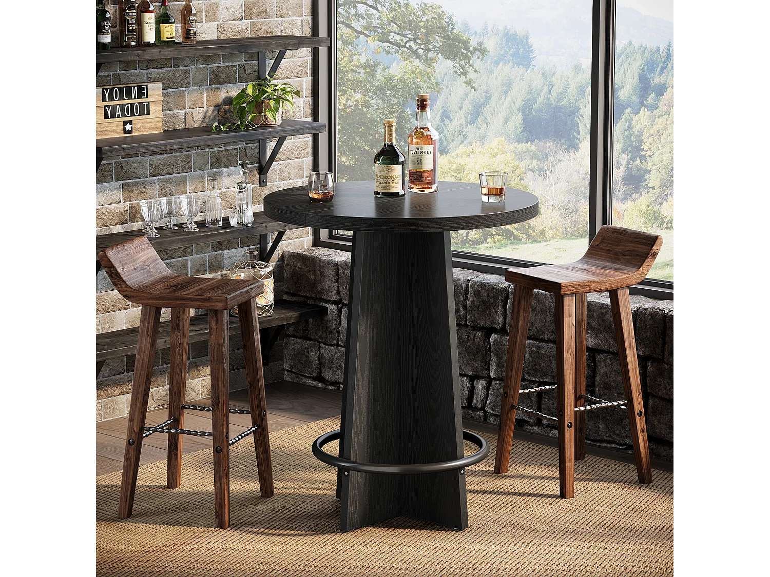Table de bar ronde de 95 cm de haut, en bois, style bistrot/pub, avec piètement et repose-pieds annulaire en métal, noire