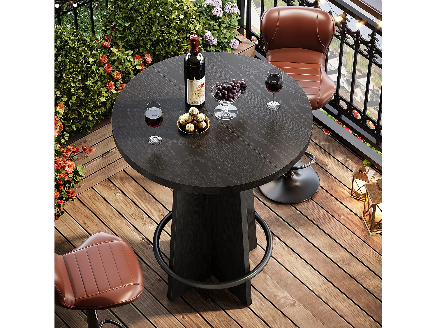 Table de bar ronde de 95 cm de haut, en bois, style bistrot/pub, avec piètement et repose-pieds annulaire en métal, noire