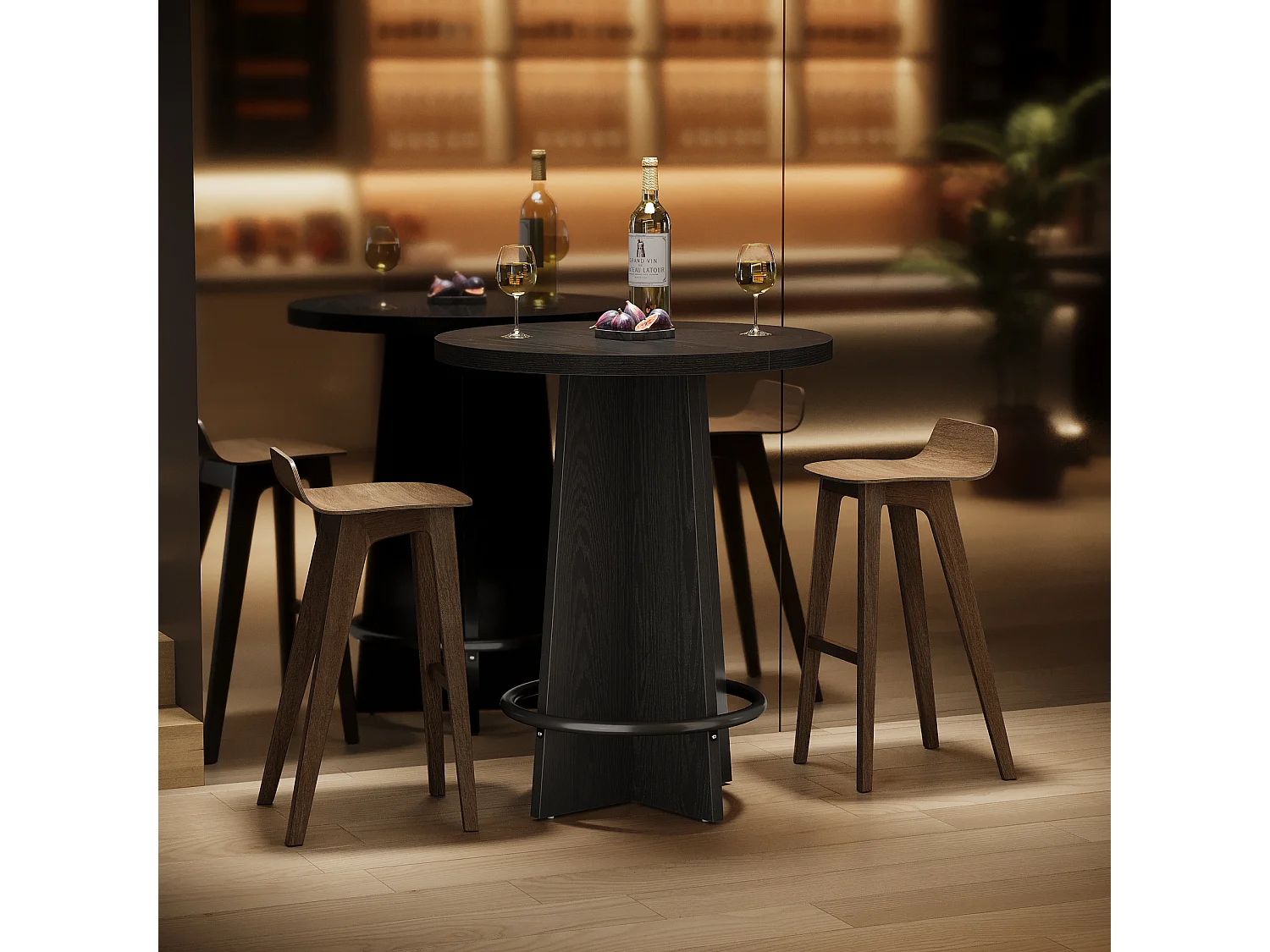 Table de bar ronde de 95 cm de haut, en bois, style bistrot/pub, avec piètement et repose-pieds annulaire en métal, noire