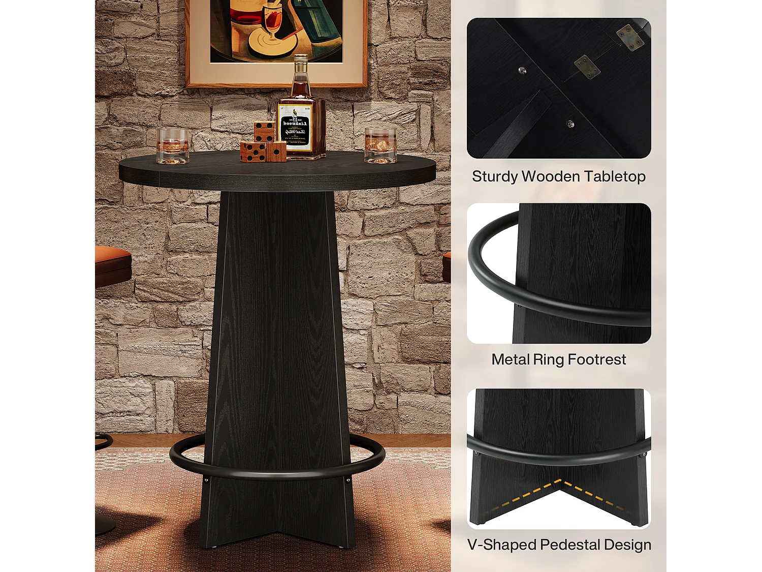Table de bar ronde de 95 cm de haut, en bois, style bistrot/pub, avec piètement et repose-pieds annulaire en métal, noire