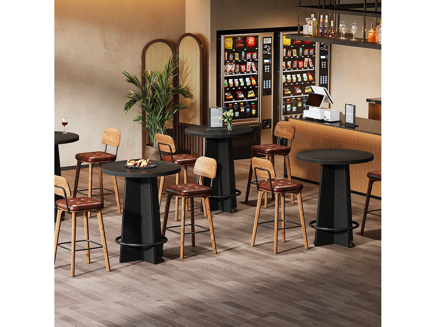 Table de bar ronde de 95 cm de haut, en bois, style bistrot/pub, avec piètement et repose-pieds annulaire en métal, noire