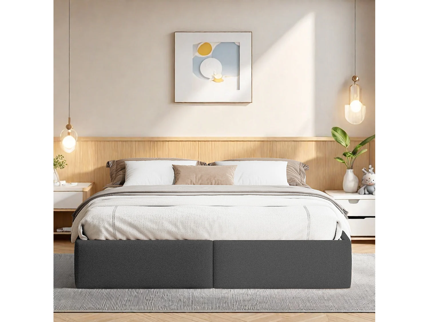 Lit Coffre 160x200cm - Lit 2 Personnes avec Rangement Hydraulique et 2 Tiroirs- Cadre de Lit avec Sommier à Lattes Bois - Lin Gris
