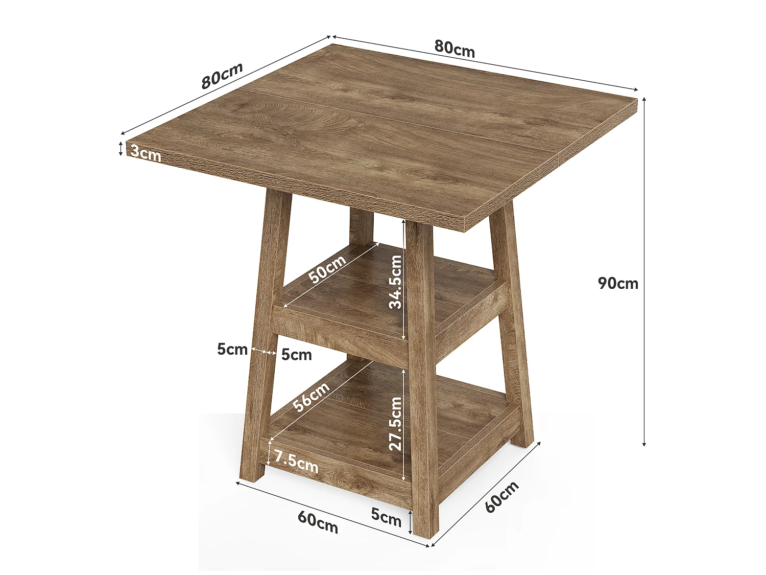 Table de bar carrée avec étagères de rangement à 2 niveaux, plateau de 90 cm de haut, table de pub pour 2 à 4 personnes, style bistrot de ferme