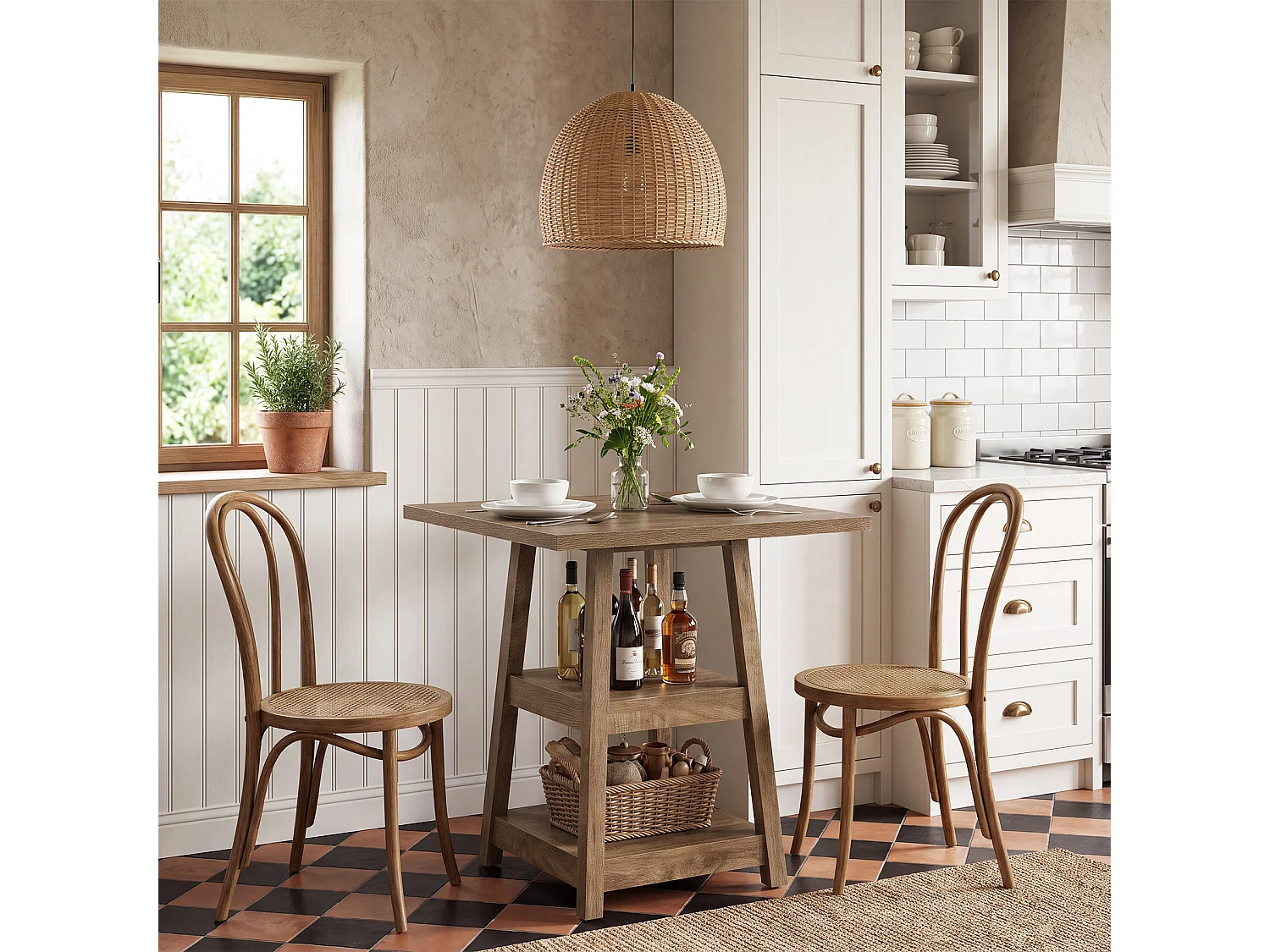 Table de bar carrée avec étagères de rangement à 2 niveaux, plateau de 90 cm de haut, table de pub pour 2 à 4 personnes, style bistrot de ferme