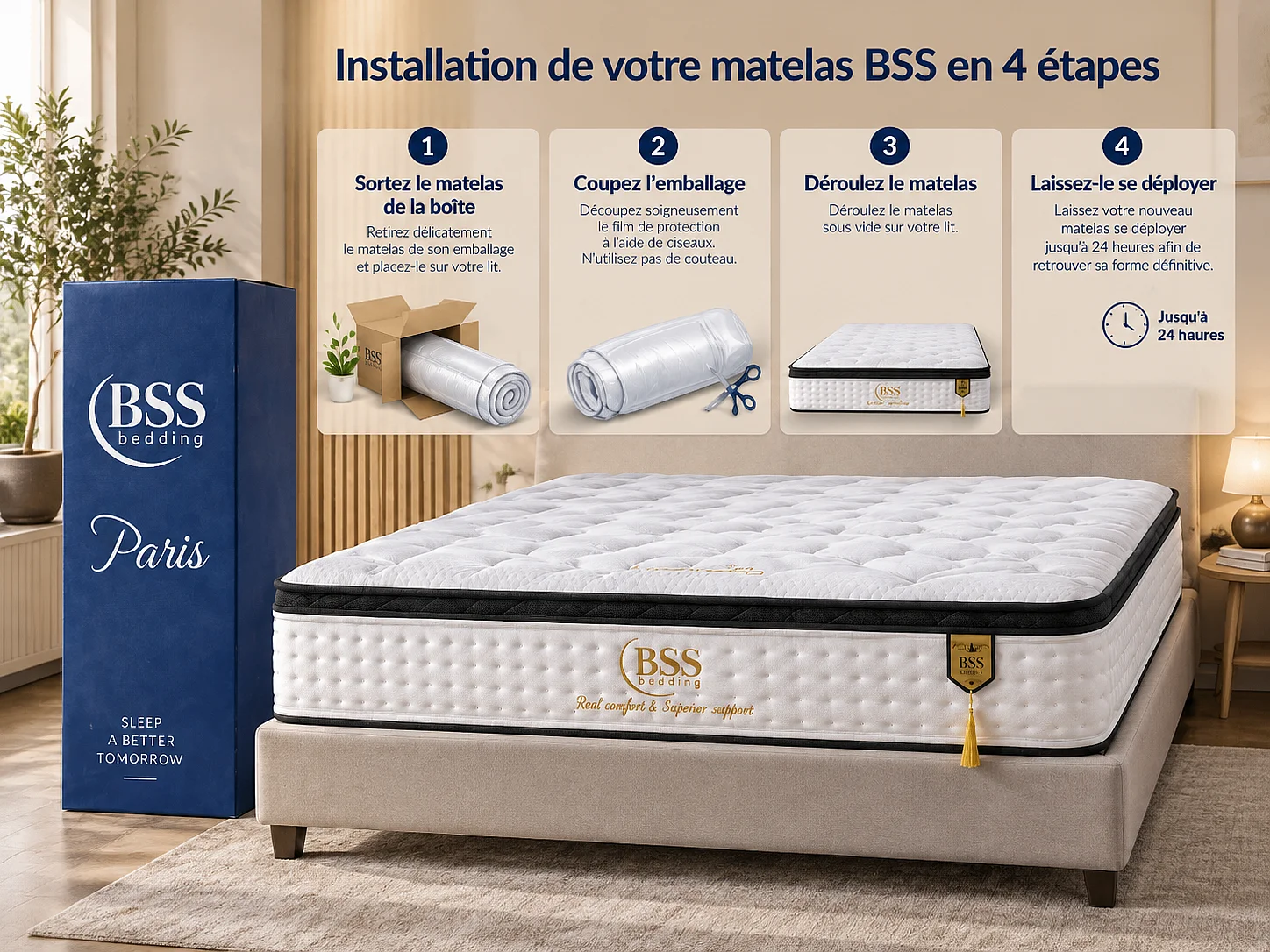 BSS BEDDING Matelas Paris Cashmere 160x200 cm H4, Ressorts ensachés, 33 cm + surmatelas intégré, 7 zones, Oeko-TEX, hypoallergénique