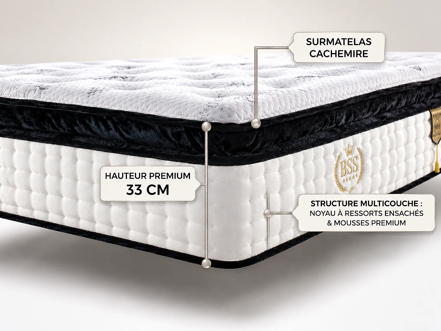 BSS BEDDING Matelas Paris Cashmere 160x200 cm H4, Ressorts ensachés, 33 cm + surmatelas intégré, 7 zones, Oeko-TEX, hypoallergénique