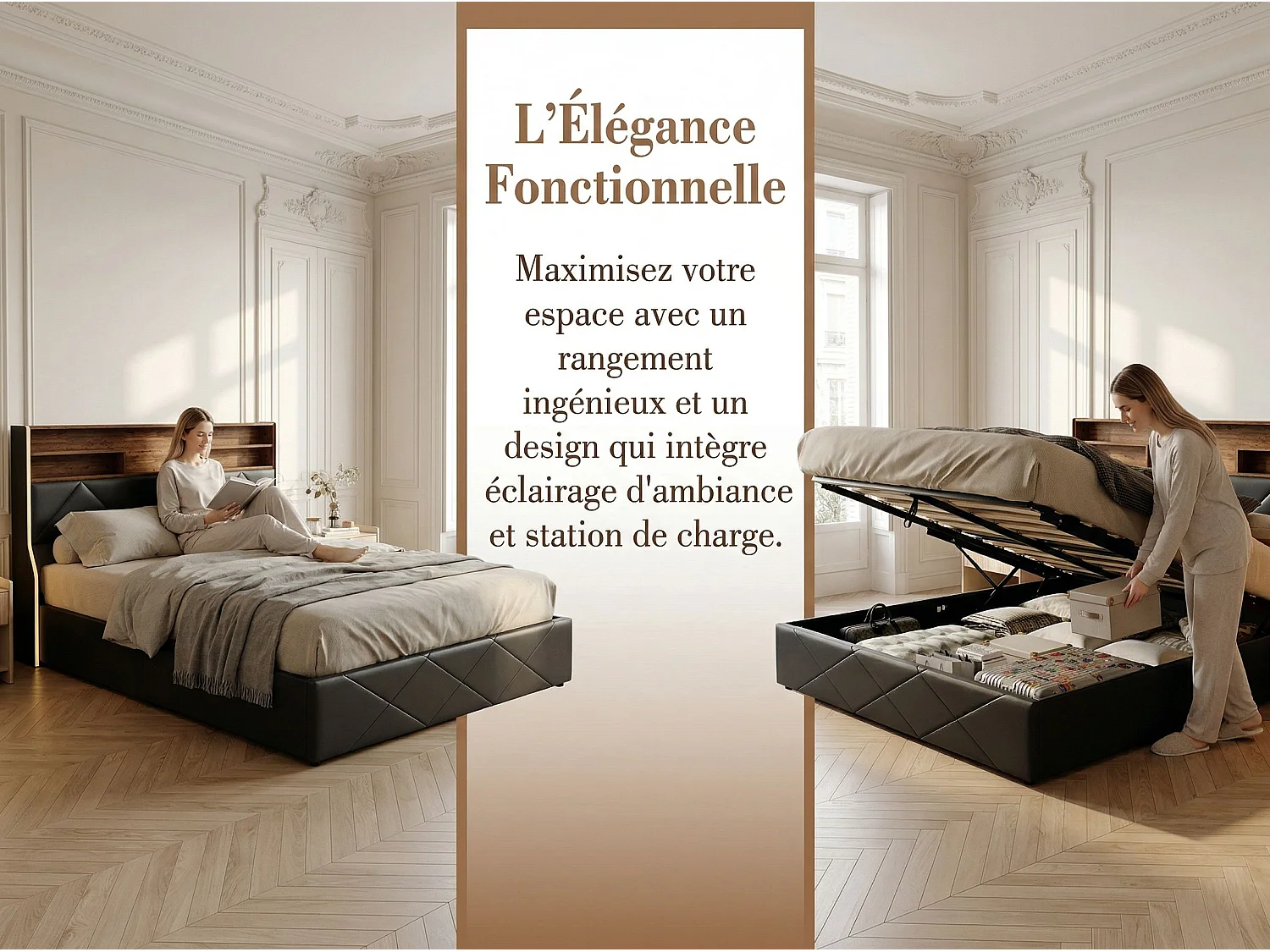 Lit coffre 160x200 cm noir avec tête de lit rembourrée, lit double avec grand rangement, LED intégrée et ports USB, sommier relevable