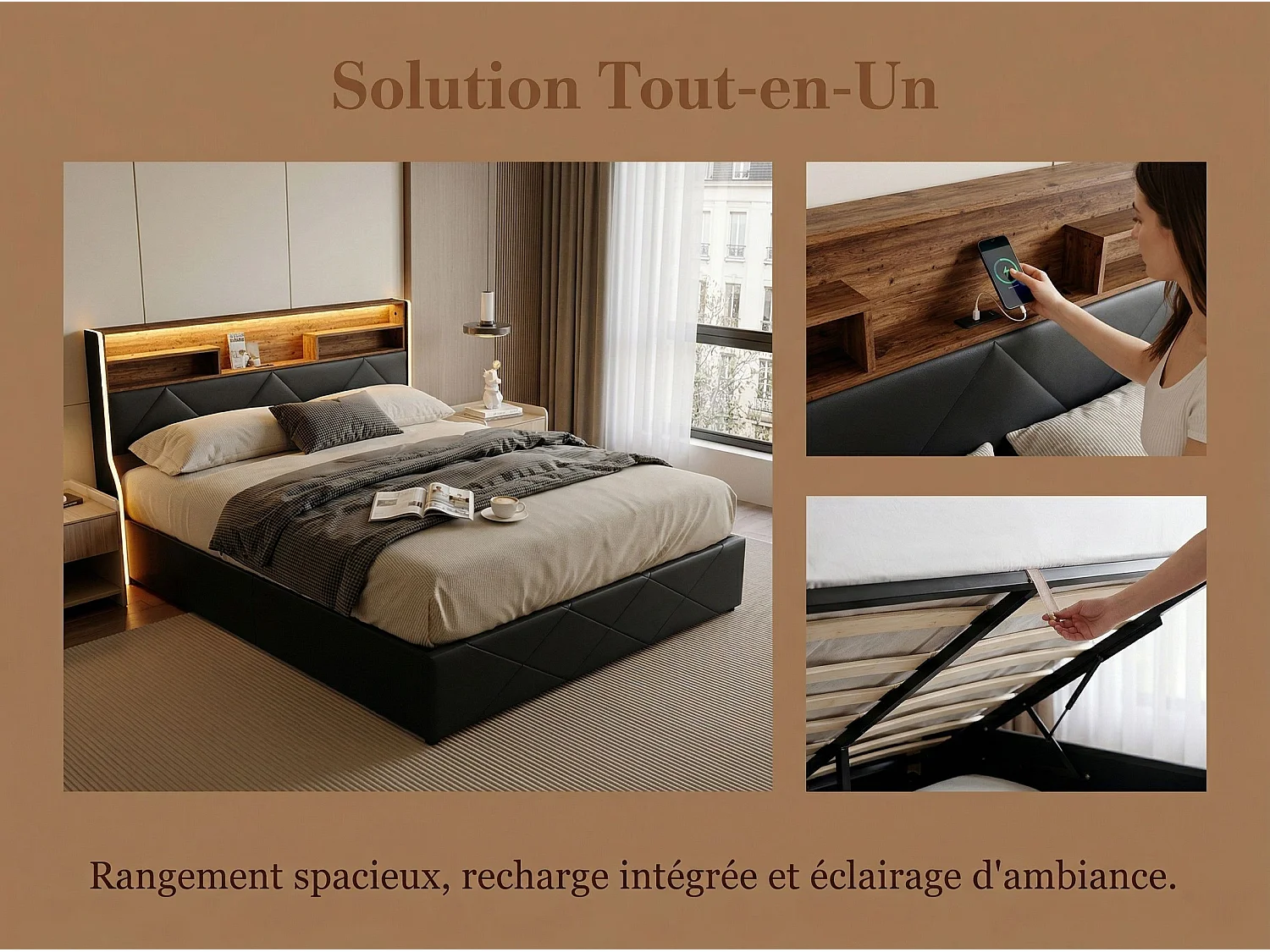 Lit coffre 160x200 cm noir avec tête de lit rembourrée, lit double avec grand rangement, LED intégrée et ports USB, sommier relevable