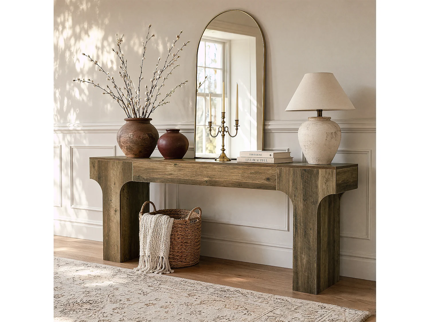 Console extra longue pour canapé d'entrée, 200 cm, style campagnard, en bois, à placer derrière le canapé
