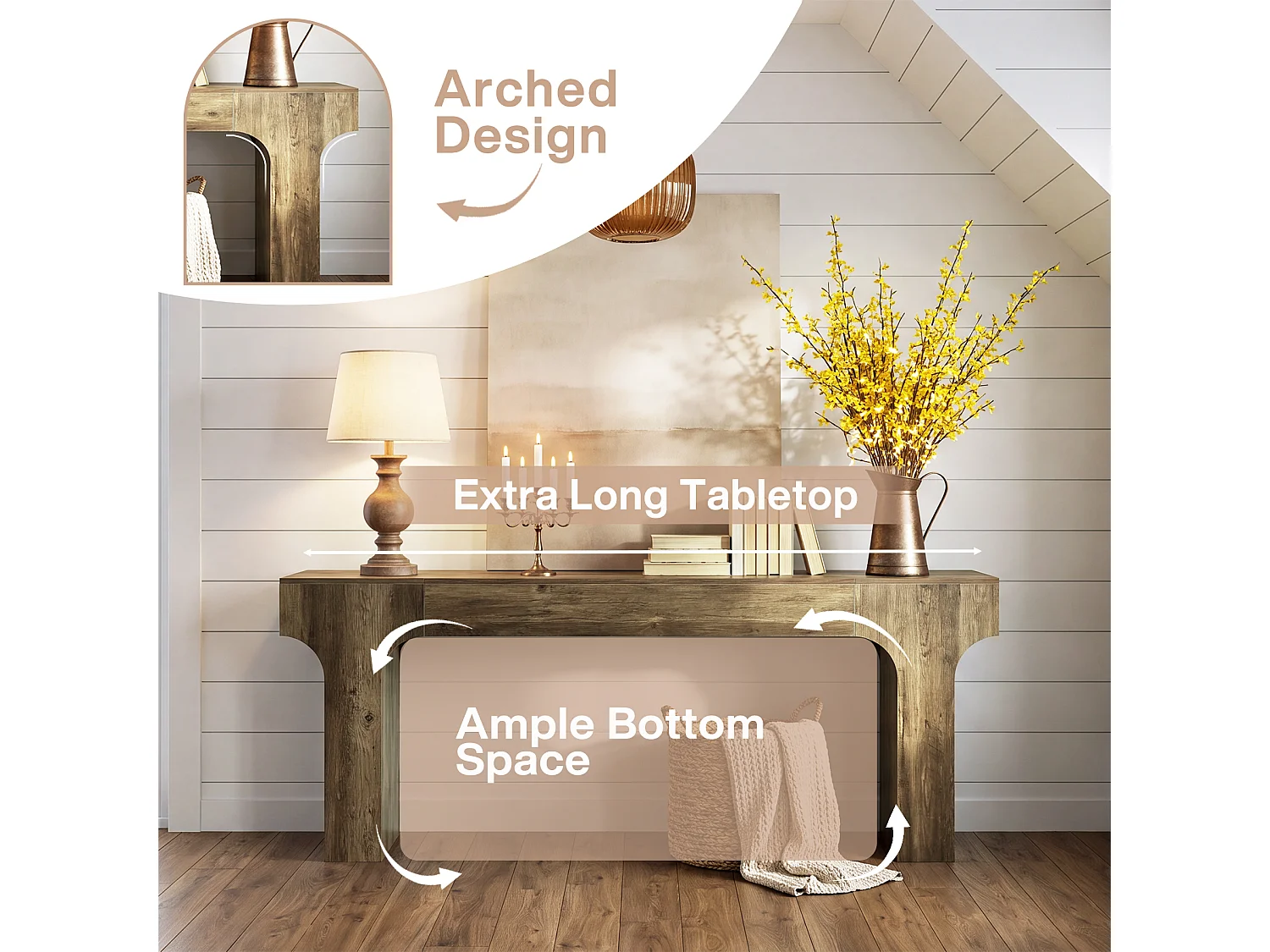 Console extra longue pour canapé d'entrée, 200 cm, style campagnard, en bois, à placer derrière le canapé