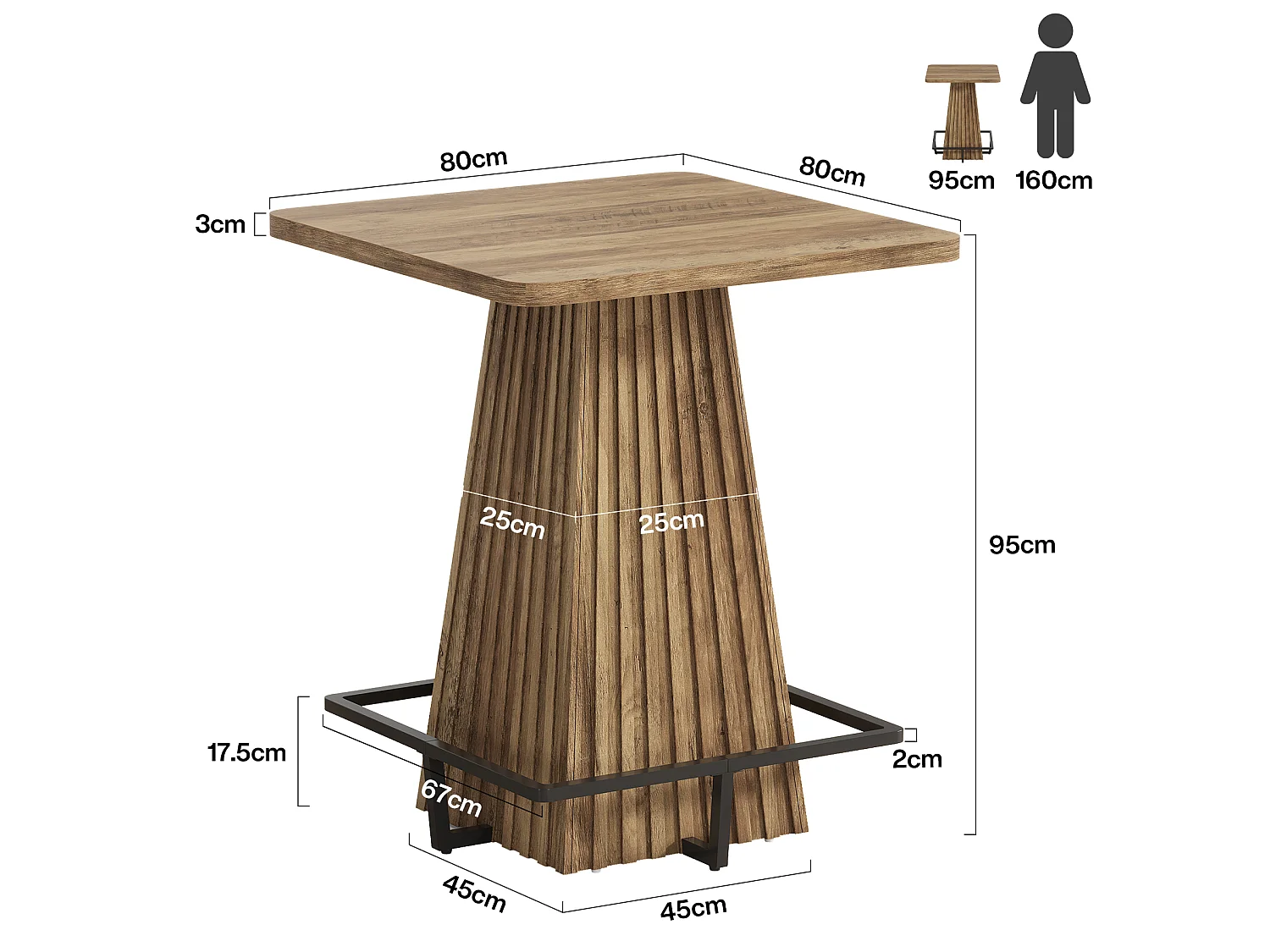 Table de bar carrée, table de cuisine/salle à manger, table de comptoir de style ferme de 95 cm de haut avec repose-pieds en métal