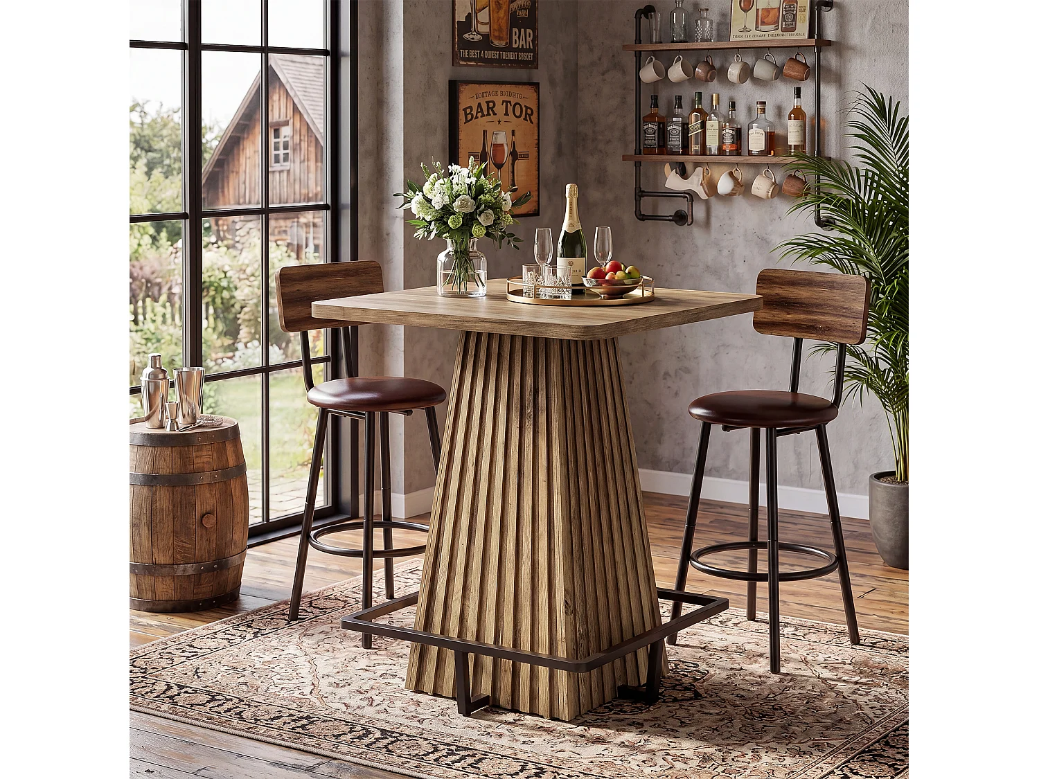 Table de bar carrée, table de cuisine/salle à manger, table de comptoir de style ferme de 95 cm de haut avec repose-pieds en métal