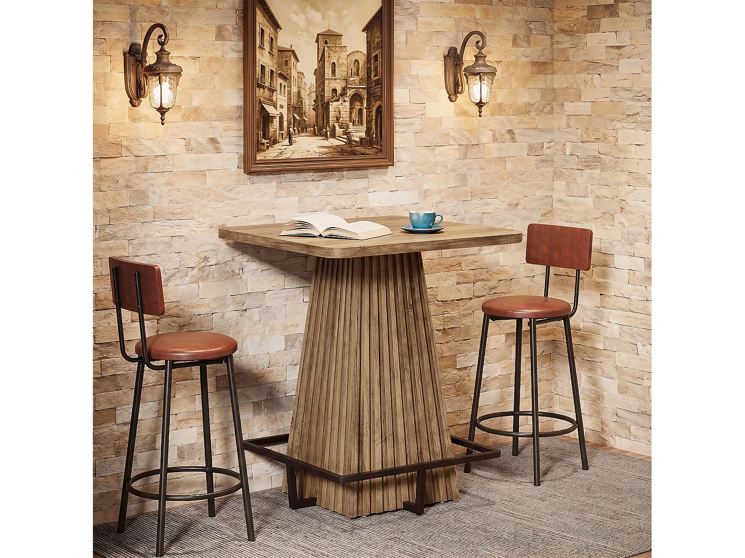 Table de bar carrée, table de cuisine/salle à manger, table de comptoir de style ferme de 95 cm de haut avec repose-pieds en métal