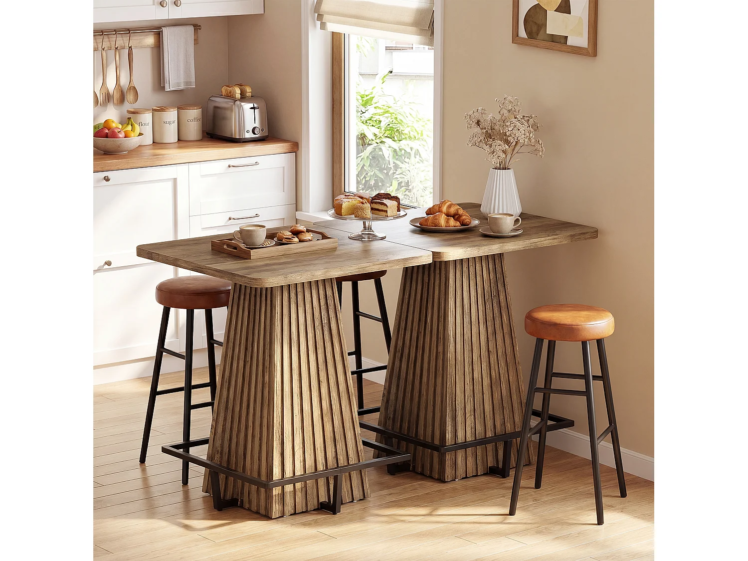 Table de bar carrée, table de cuisine/salle à manger, table de comptoir de style ferme de 95 cm de haut avec repose-pieds en métal