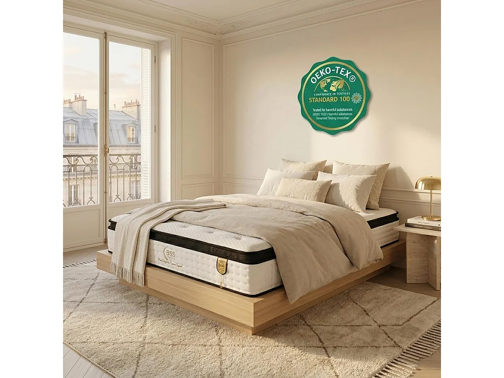 BSS BEDDING Matelas Paris Cashmere 200x200 cm H3, Ressorts ensachés, 30 cm + surmatelas intégré, 7 zones, Oeko-TEX, hypoallergénique