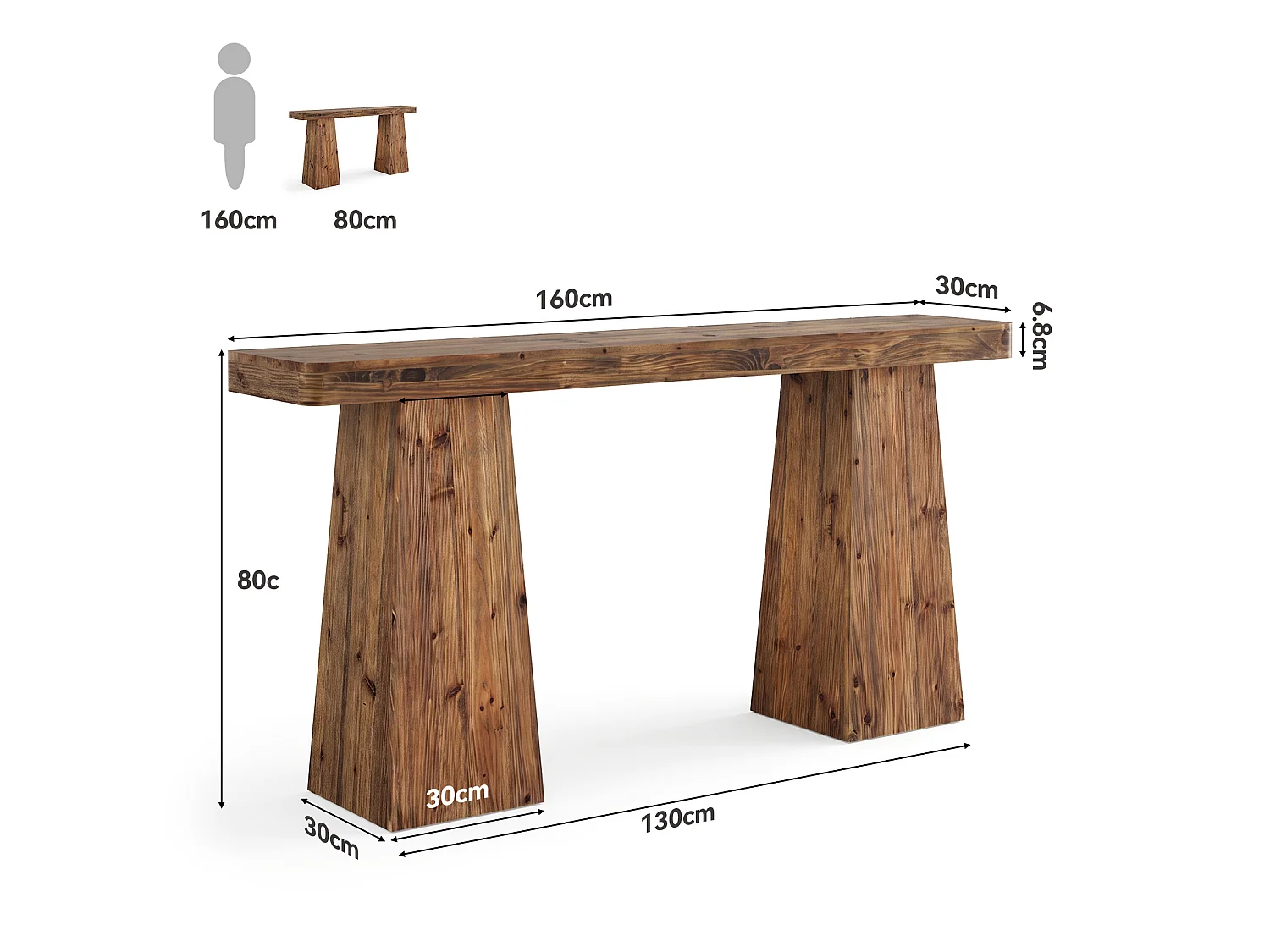 Konsola z litego drewna, stolik kawowy za kanapą, 160 cm, styl rustykalny, wąska konstrukcja, bardzo szerokie nogi, idealny do salonu i przedpokoju