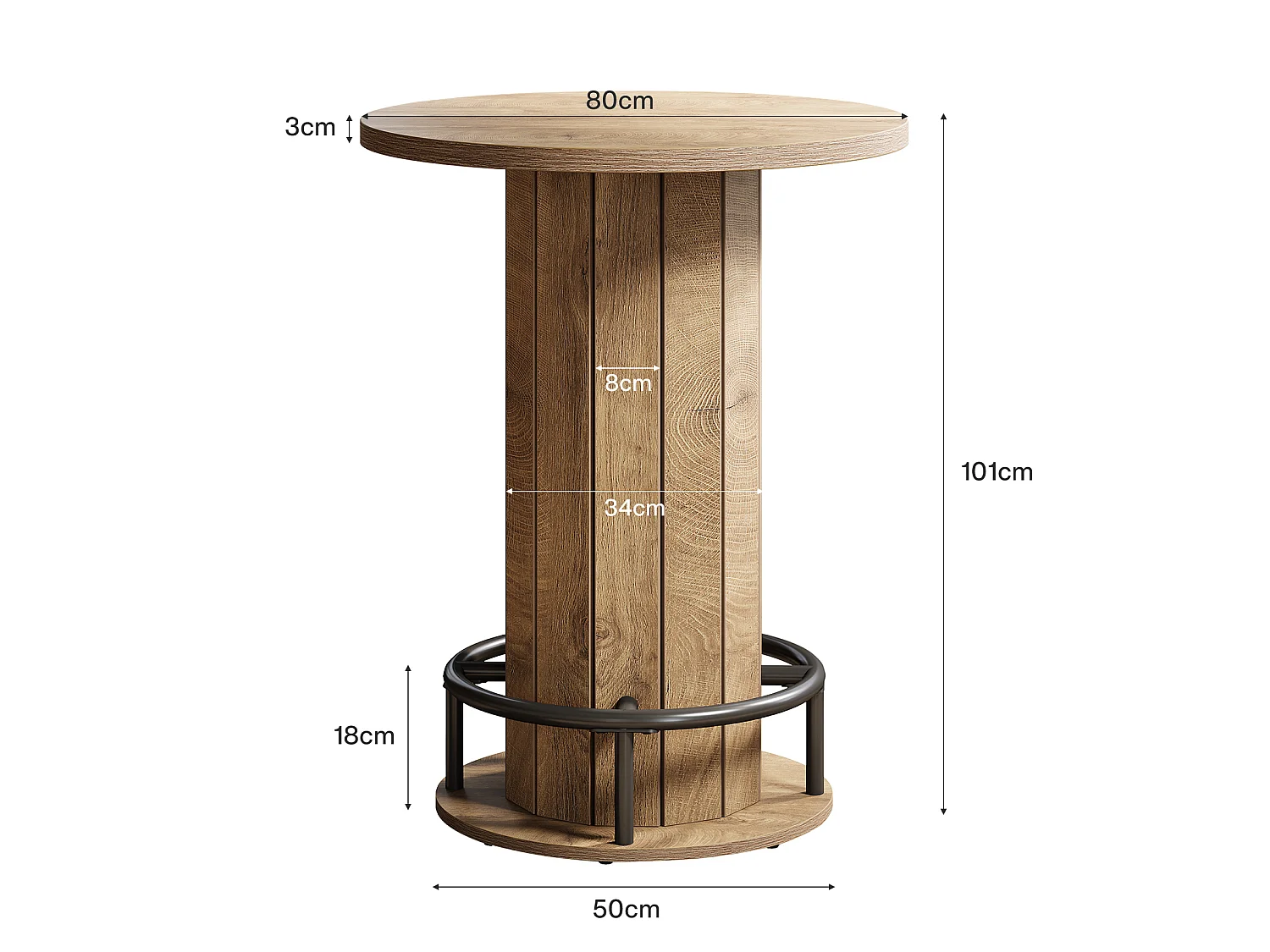Table de bar ronde, table de bistrot/pub de 100 cm de haut avec repose-pieds en anneau métallique (table seule)