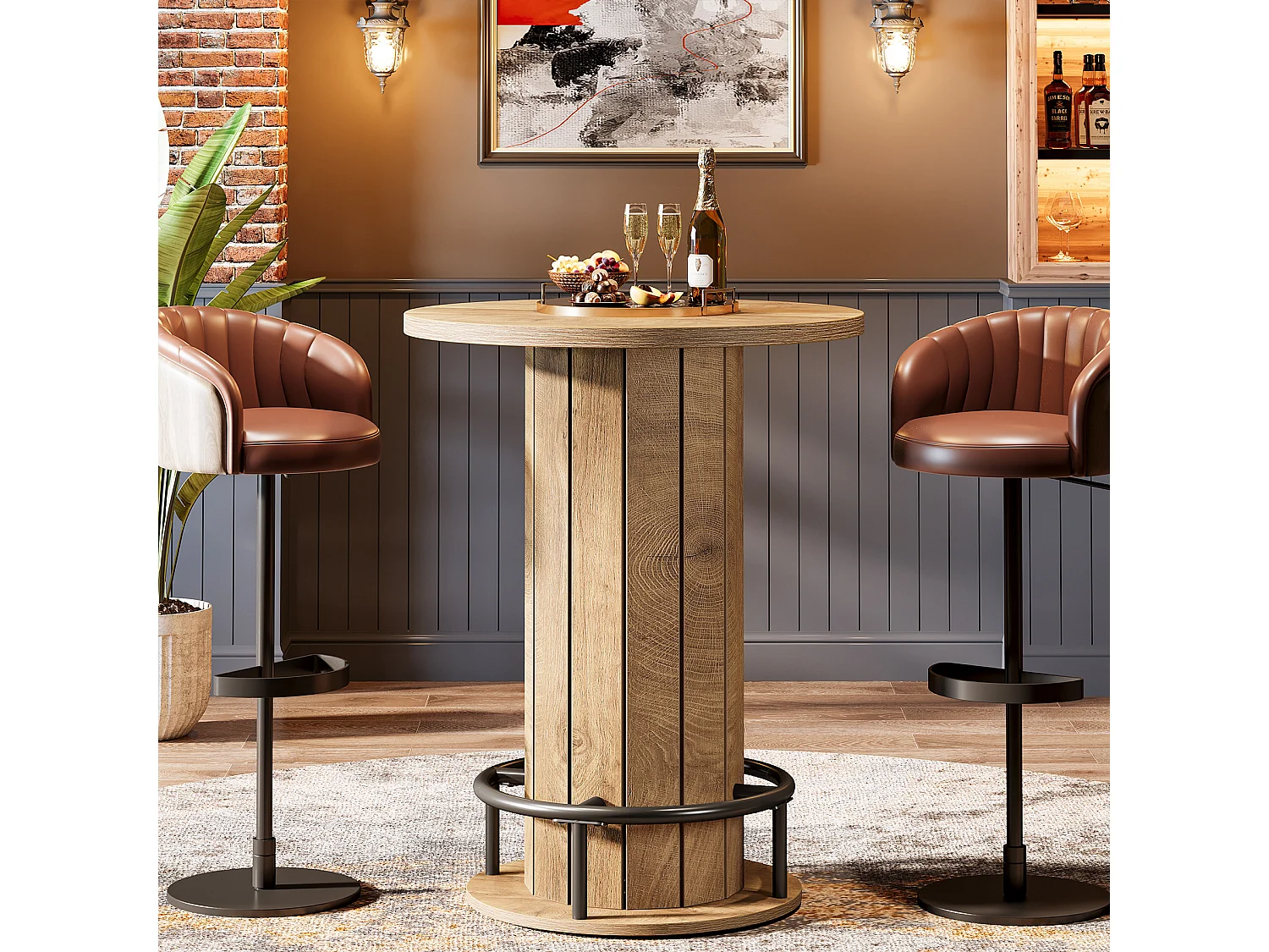 Table de bar ronde, table de bistrot/pub de 100 cm de haut avec repose-pieds en anneau métallique (table seule)