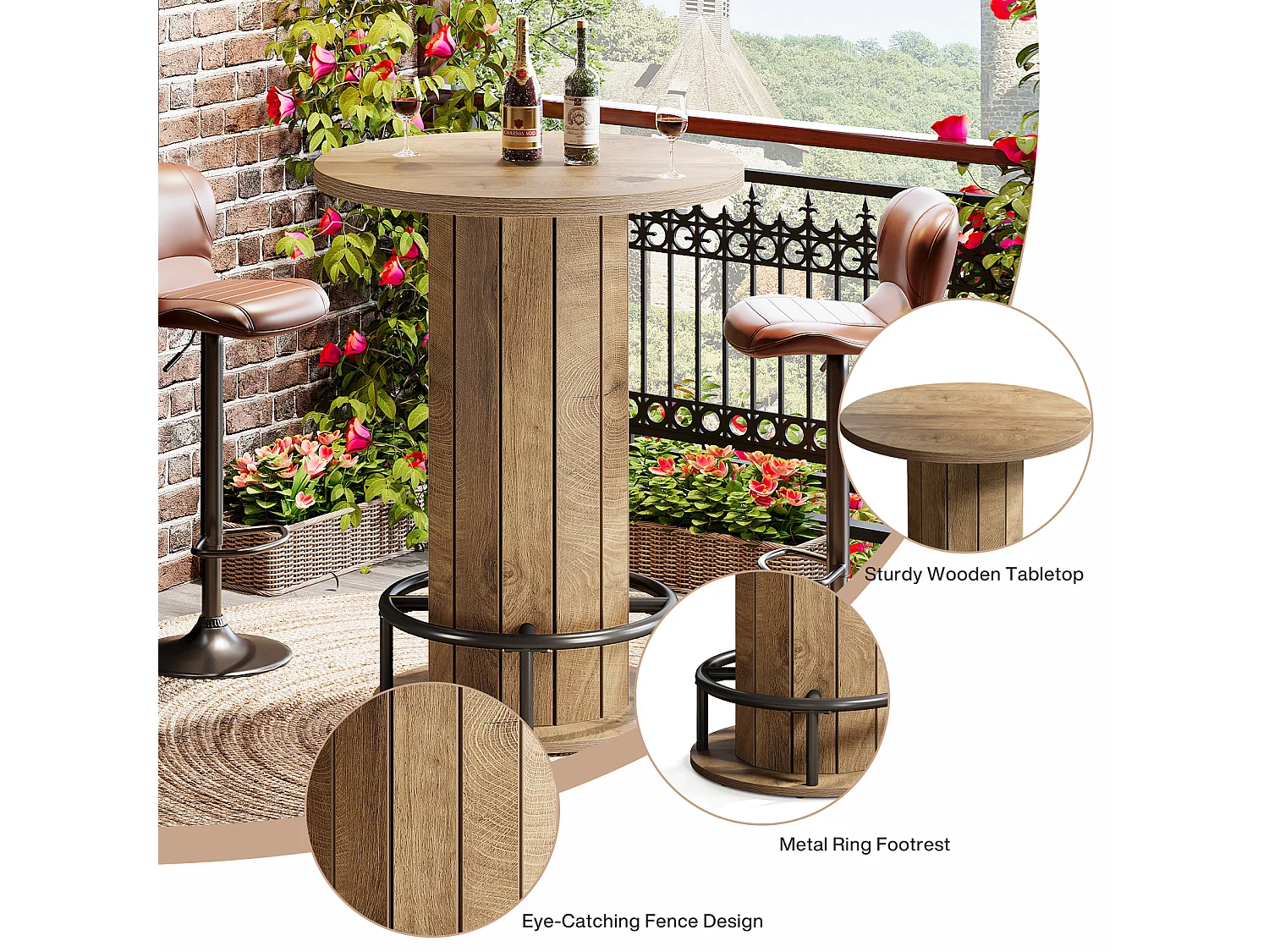 Table de bar ronde, table de bistrot/pub de 100 cm de haut avec repose-pieds en anneau métallique (table seule)