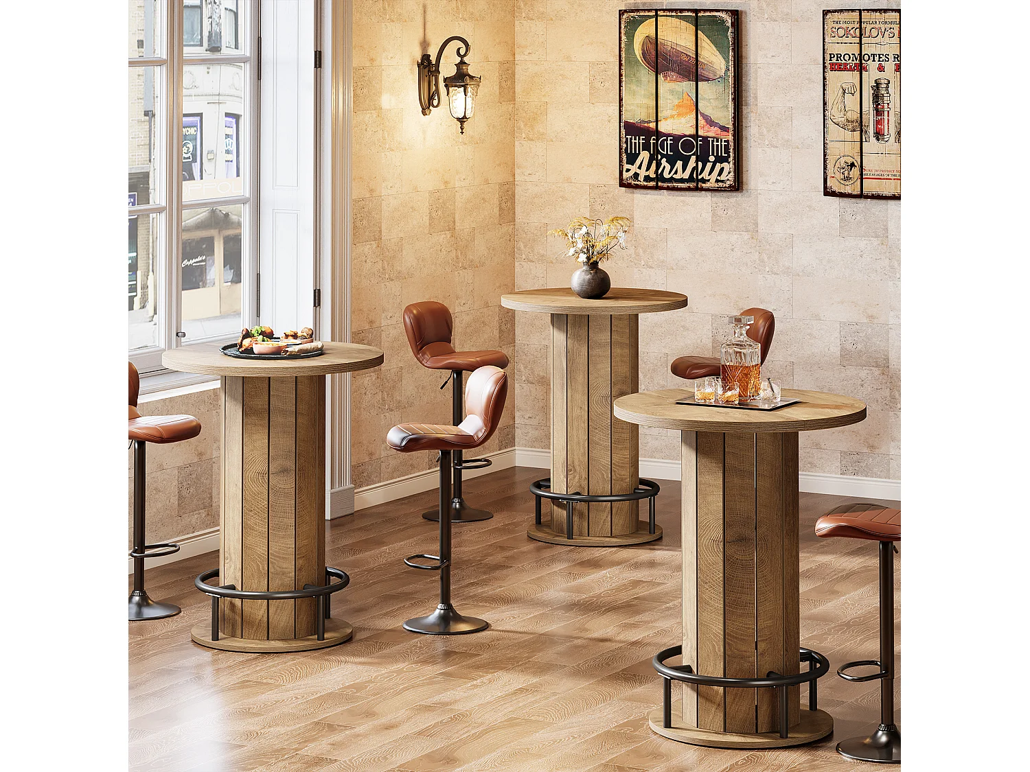 Table de bar ronde, table de bistrot/pub de 100 cm de haut avec repose-pieds en anneau métallique (table seule)