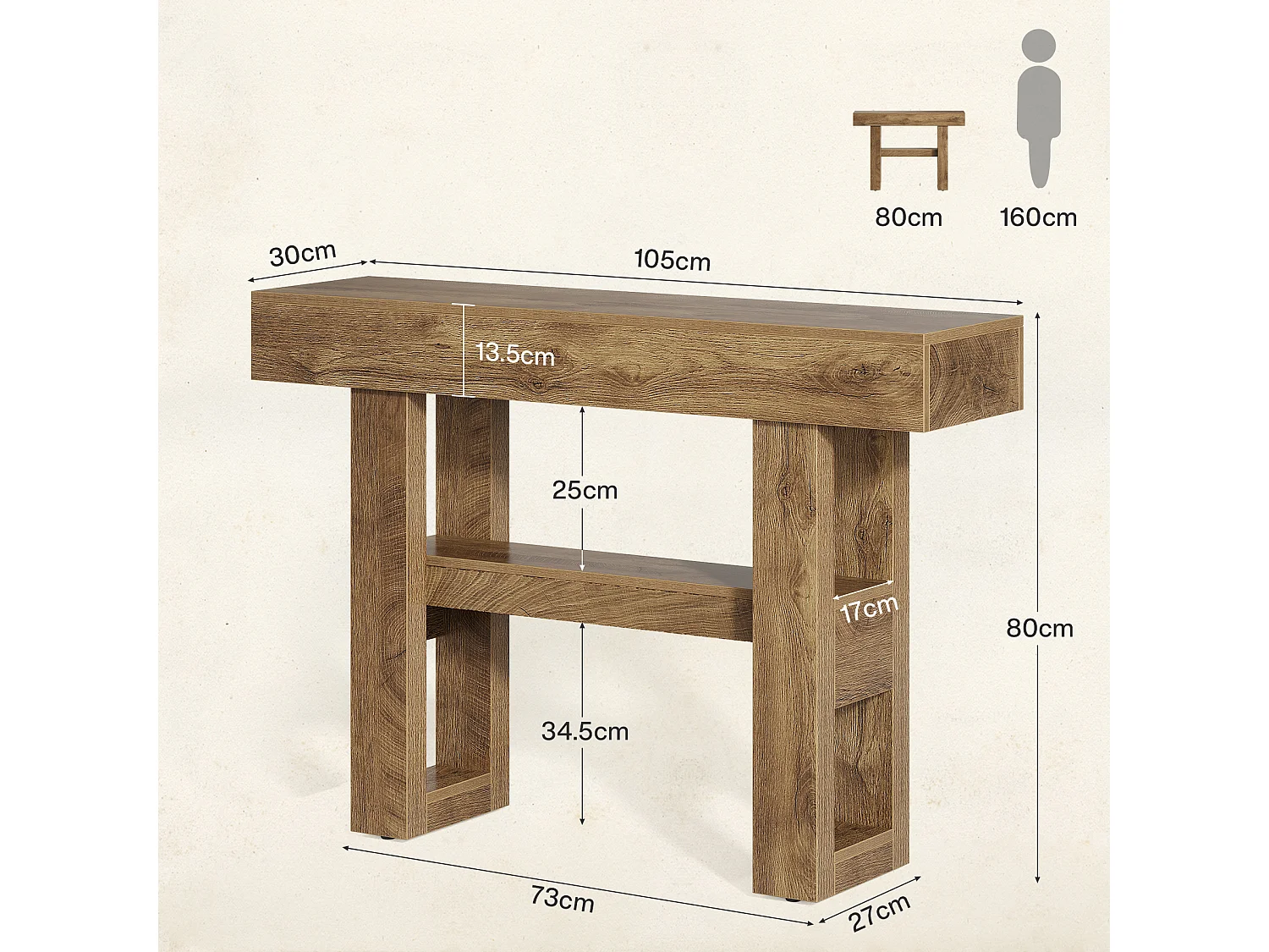 Console de 105 cm, table d'entrée rustique avec rangement à 2 niveaux, meuble étroit pour hall d'entrée, salon, couloir