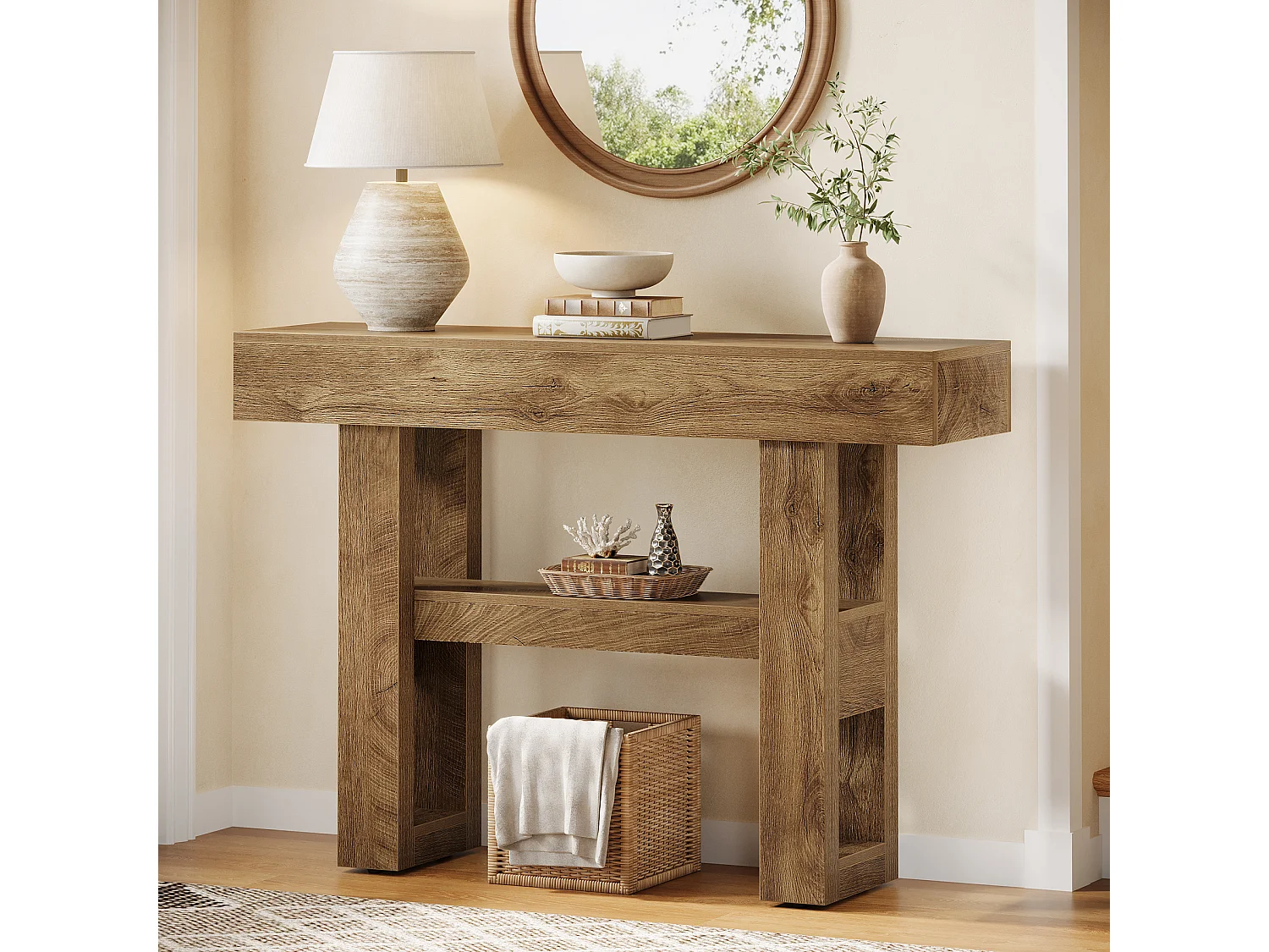 Console de 105 cm, table d'entrée rustique avec rangement à 2 niveaux, meuble étroit pour hall d'entrée, salon, couloir